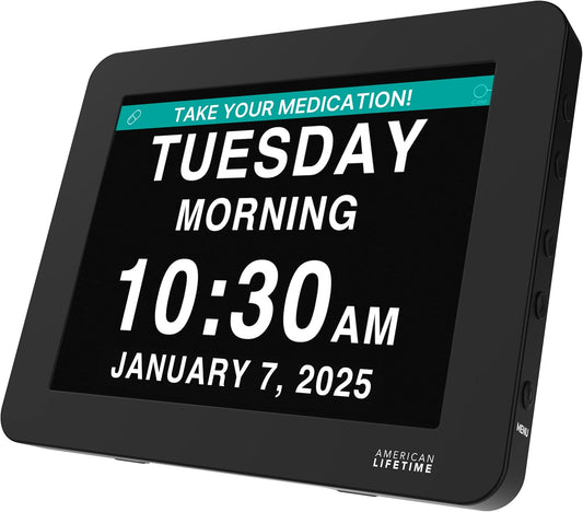 American Lifetime New 2025 Dementia Clock Large Digital Clock for Seniors, Alzeimer Clock Large Display with Custom Alarms, Clock with Day & Date for Elderly, Digital Calendar Premium Black Pro