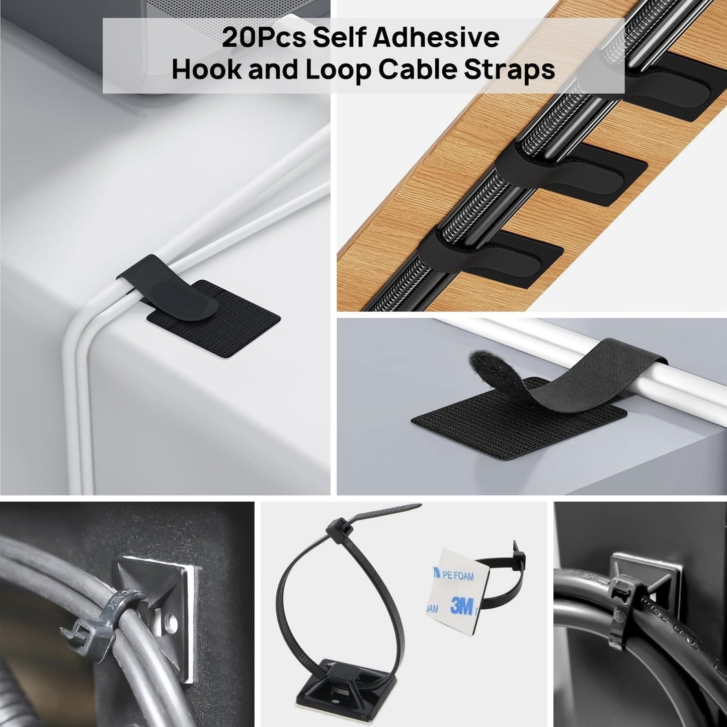 193 PCS Cable Management Kit - 4 Cable Sleeve, 57 Self Adhesive Cable Clips, 12 Hanging Strips, 12 Cable Organizer Straps and 100 Fastening Cable Ties for TV Computer Under Desk (Black)