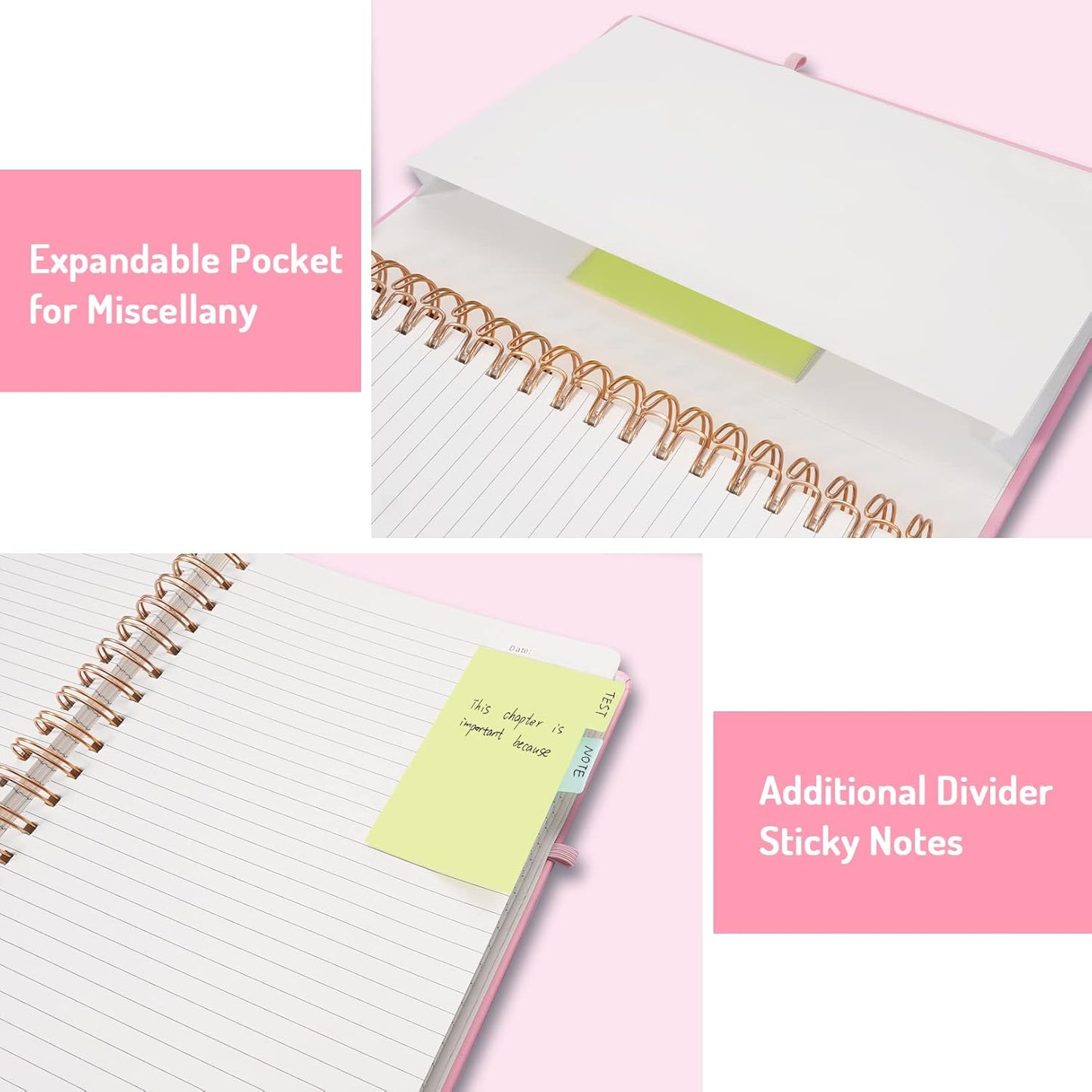 Forvencer Lined Spiral Journal Notebook with 300 Numbered Pages, B5 College Ruled Thick Journals for Writing with 100GSM Paper, Hardcover Notebooks with Contents for Work, School, Women, Men, Pink