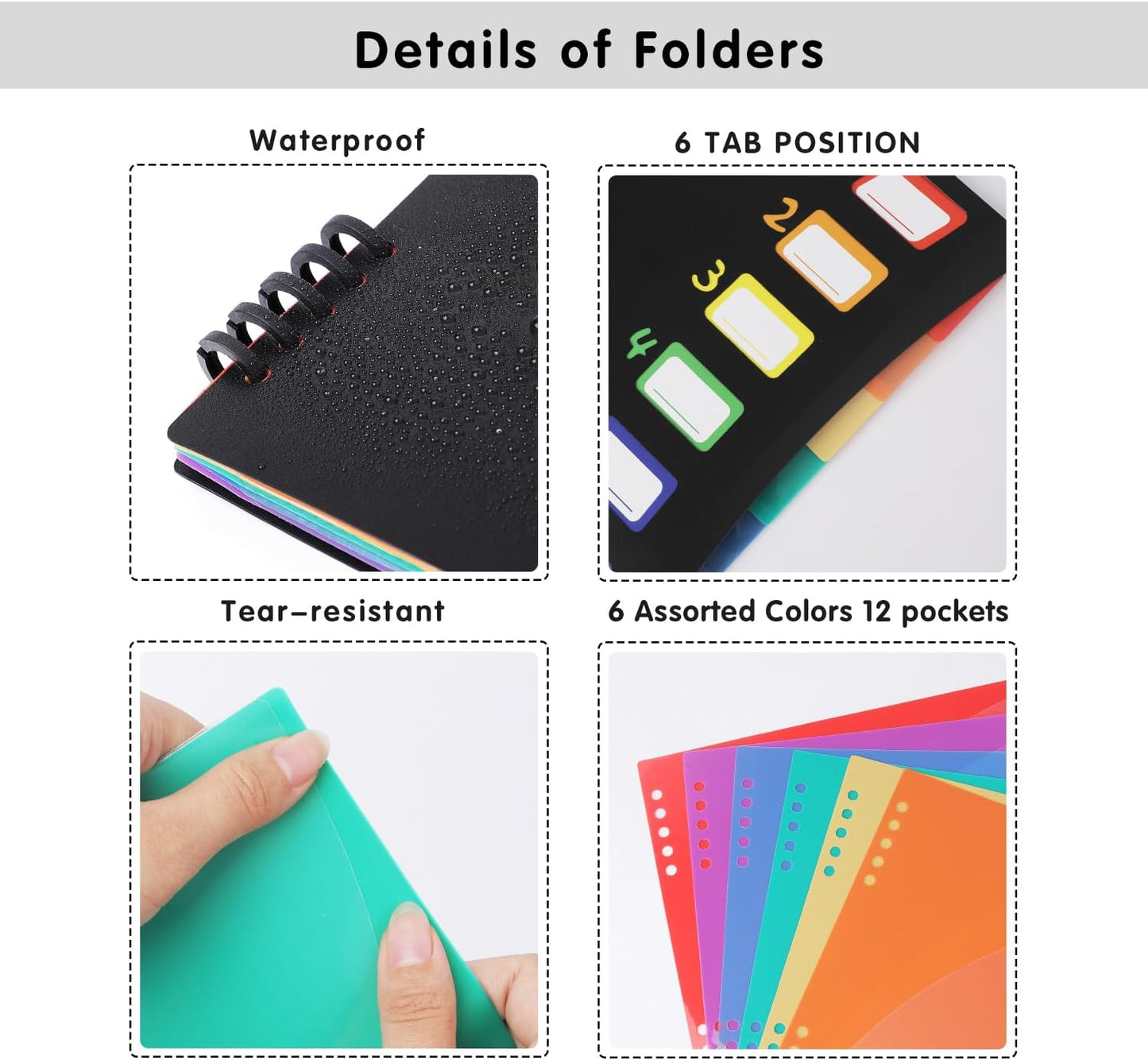 12-Pocket Expanding File Folder with Removable Pages, 6 Numbered Tabs, Colorful A4 Organizer for Office and School