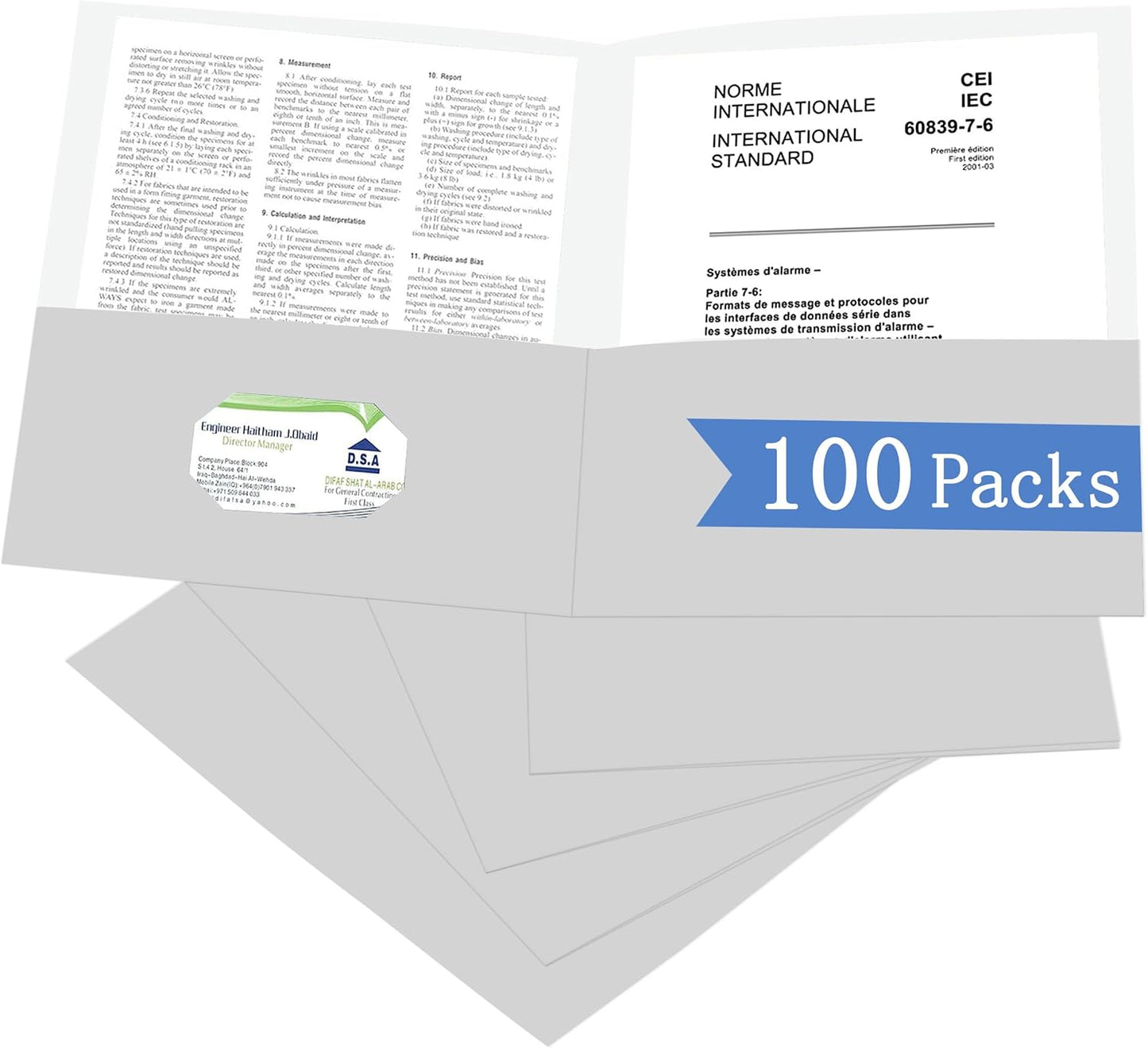 Zzrywuty 100 Packs Two Pocket File Folders with Business Card Slot,Textured Paper,Letter Size,Holds 100 Sheets for School,Office,Business,White