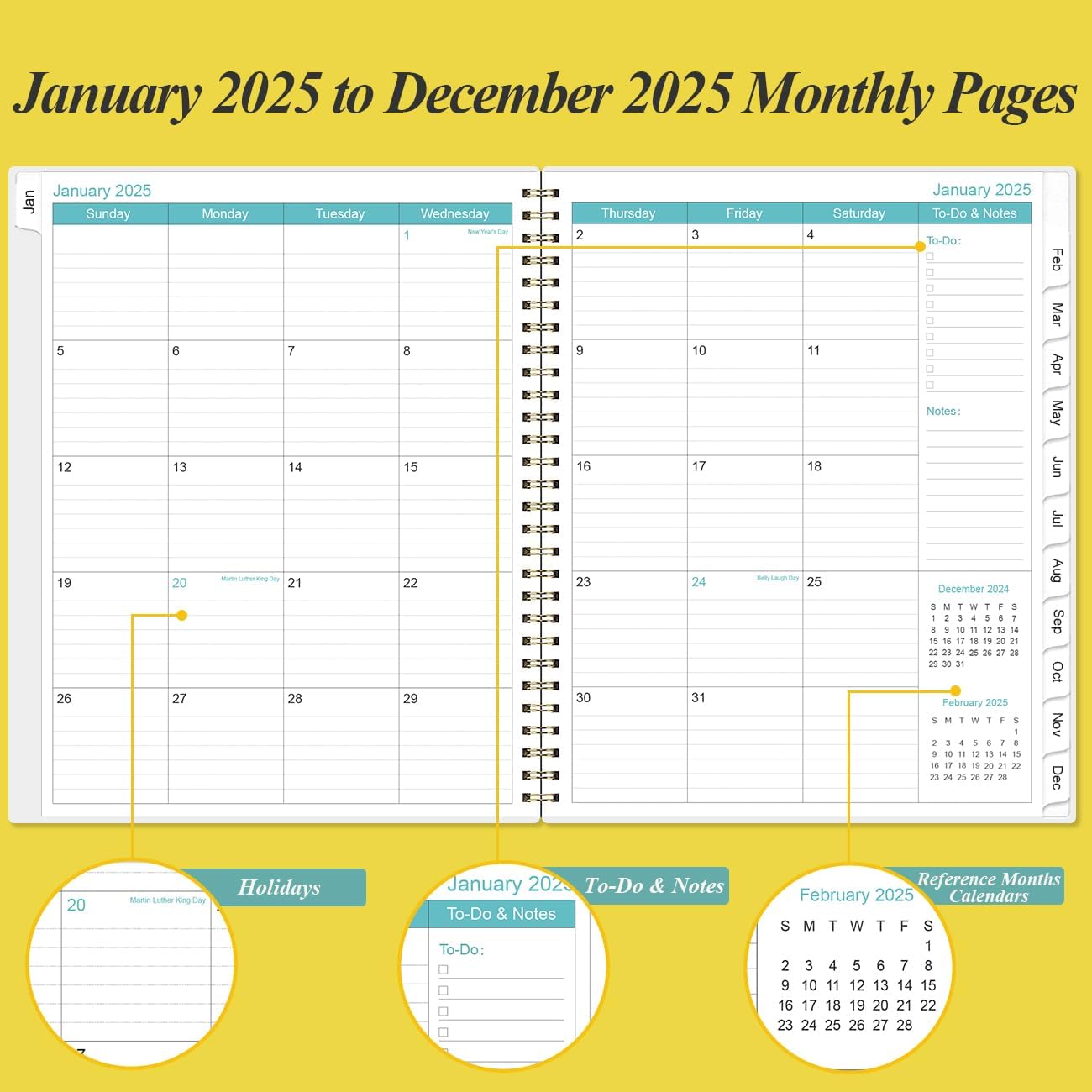 2025 Planner - Planner 2025 from January 2025 to December 2025 with 12 Monthly Tabs, Flexible Cover, Inner Pocket, 8.5" x 11", Yellow