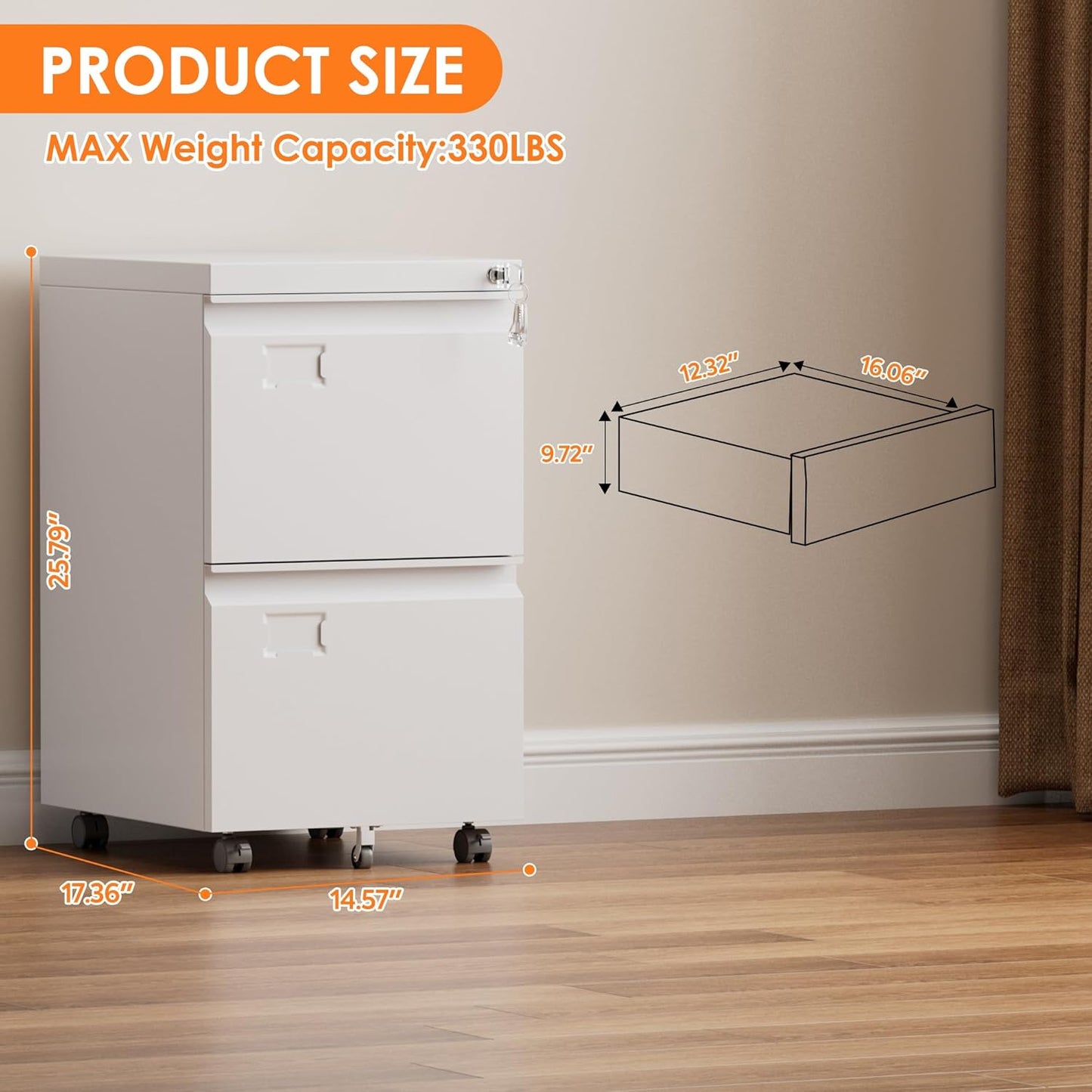 2 Drawers Mobile File Cabinet, Metal Under Desk Cabinet with Lock, for Office & Home, Legal/Letter Size, W14.57”x D17.36”x H25.79”, Assembly Required(White)