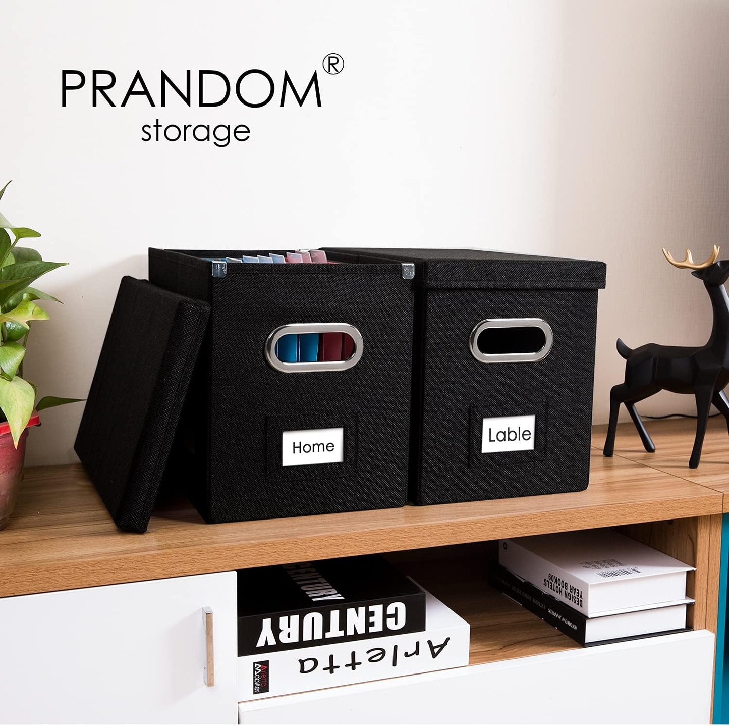 PRANDOM File Organizer Box - Set of 2 Collapsible Decorative Linen Filing Storage Hanging File Folders with Lids Office Cabinet Letter Size Black (14x9.3x10.8 inch)