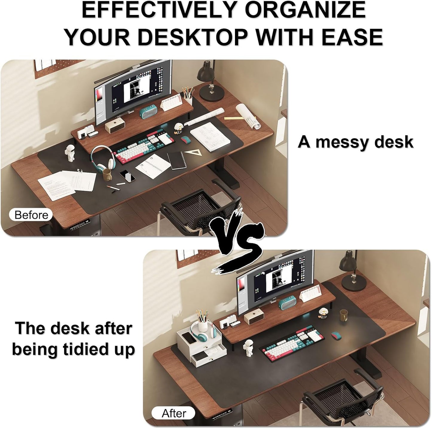 Bamboo Desk Organizer with Drawers Wooden Desktop Storage Organization Box for Bills Office Supplies Kitchen Utensils Organizing Tool for Home Classroom Vanity, No Assembly Required (2 Drawers, White)