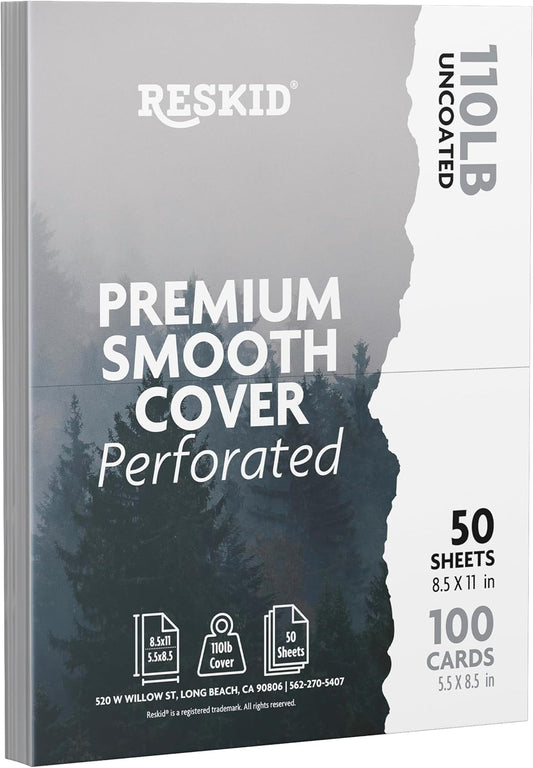 50-Sheet Pack Of 110lb White Cardstock Thick Perforated Paper, 8.5x11 With 2 Per Page - 5.5x8.5 - Blank Heavy Weight Cover Card Stock - 50 Sheets With 100 Cards (2up - 5.5x8.5)