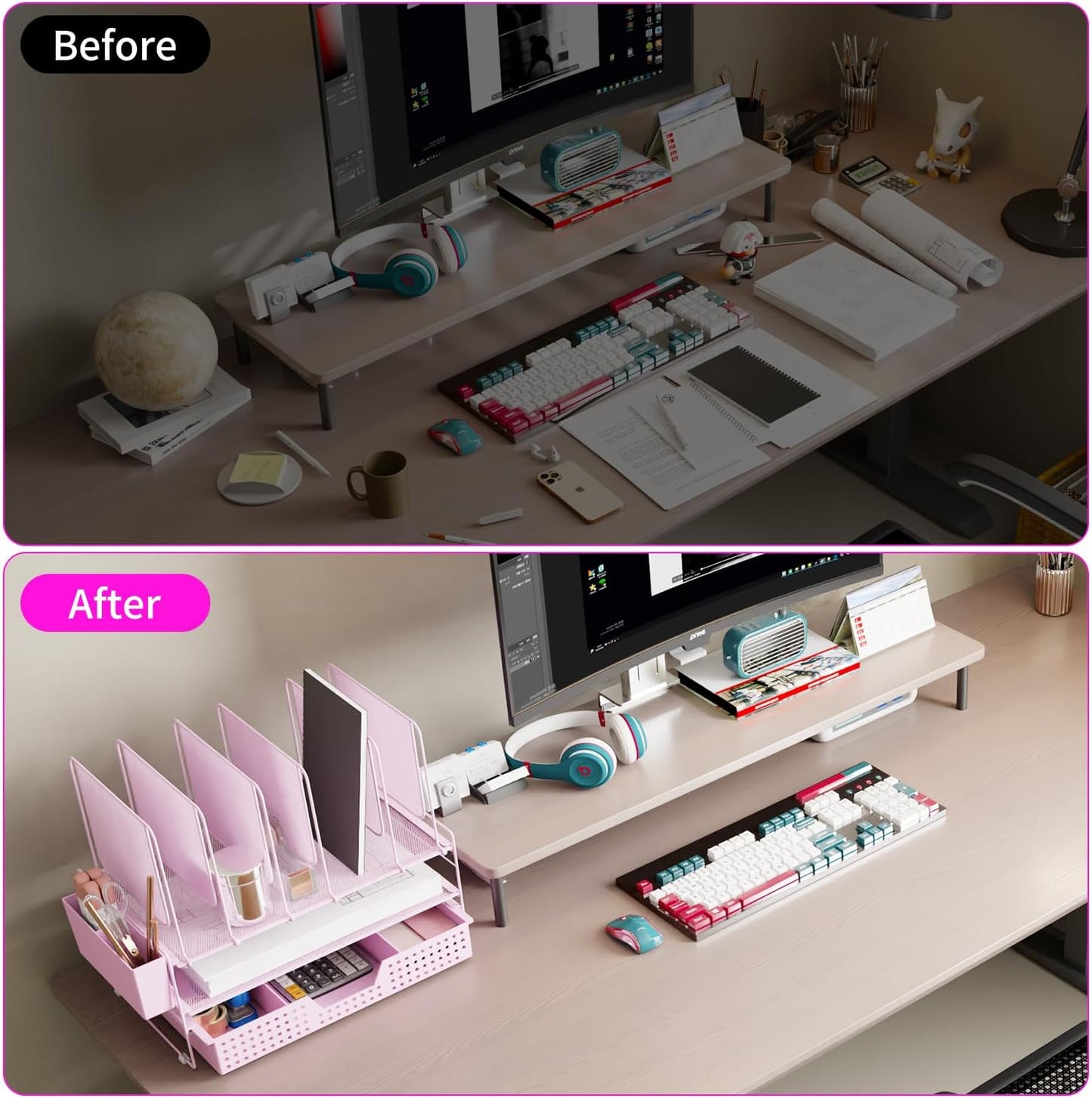 Desk Organizer, Office Organization with Vertical File Holder, File Organizer with Drawer and Pen Holder, Desk Accessories and Workspace Organizers for Home Office (Pink)