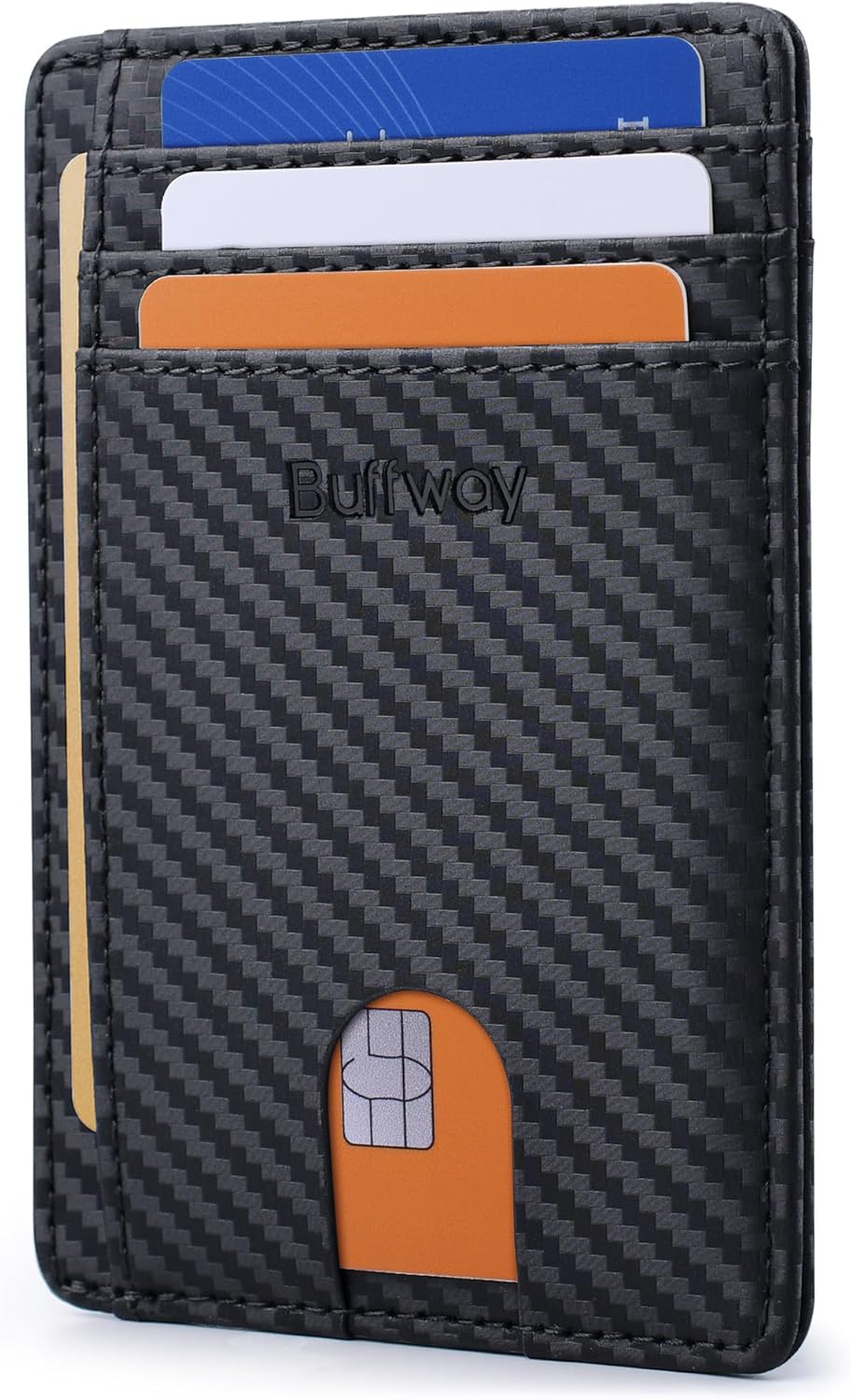 Buffway Slim Minimalist Front Pocket RFID Blocking Leather Wallets for Men and Women - Carbon Fiber Black