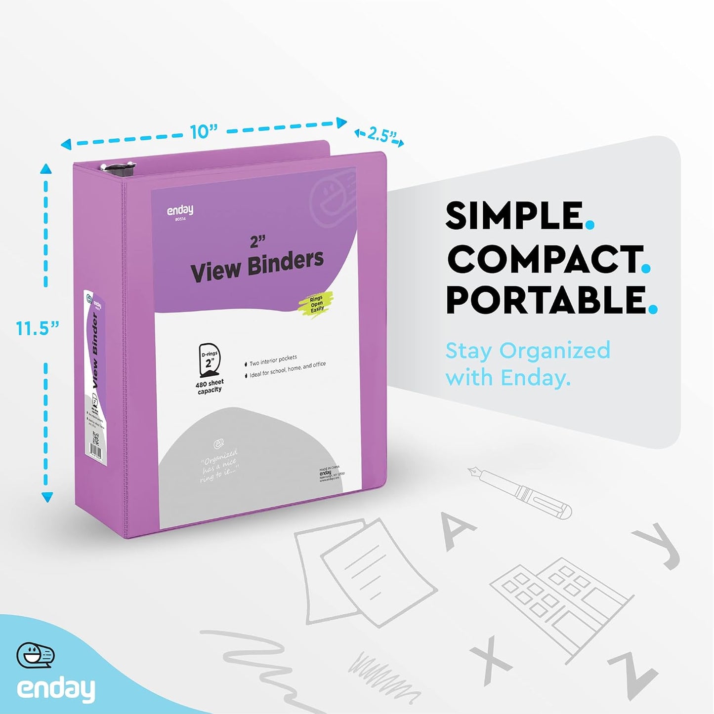 3 Slant D-Ring Binder 2 Inch Binder Purple, 2 in Clear View Cover w/ 2 Inside Pockets, Heavy Duty Colored School Supplies Binders Also Available in Blue, Pink, Red, Green, Grey (12 PC)–by Enday