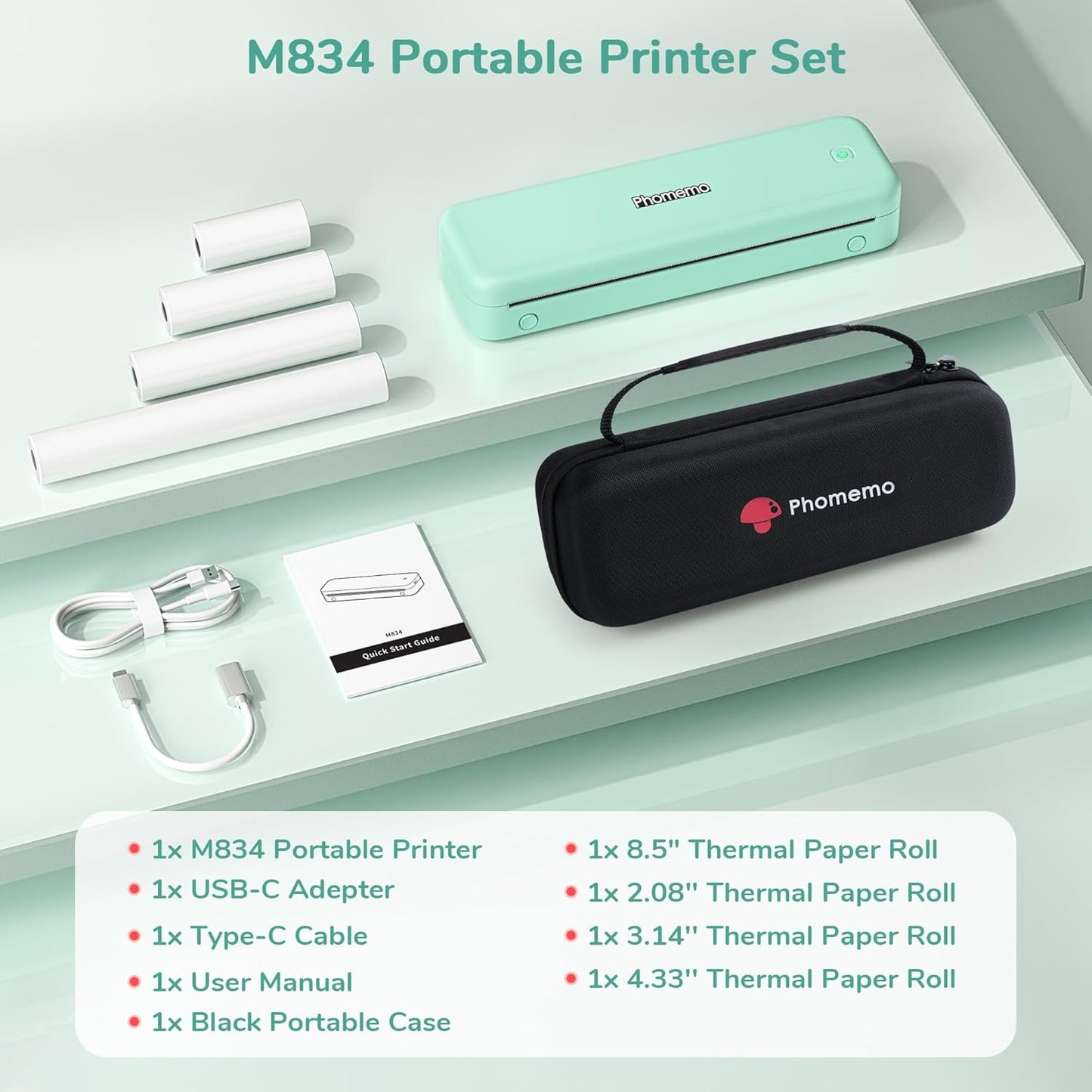Phomemo Portable Printers Wireless for Travel,M834 Bluetooth Thermal Printer 8.5" x 11"& A4 Size,Inkless Mobile Printer with Carry Case for Travel,Office,School,Car,Home,Green