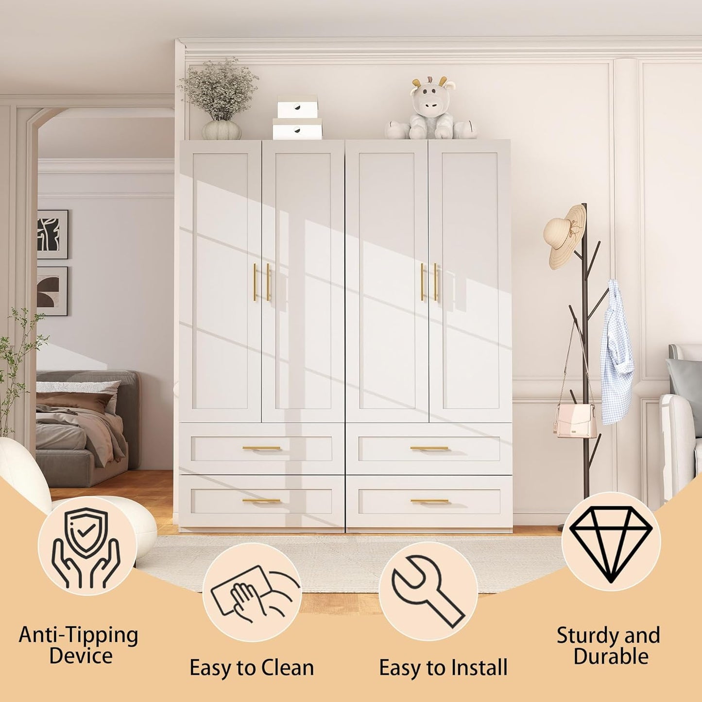 White Wardrobe with 4 Doors: 75" Tall Armoire Wardrobe Closet with 4 Drawers, Bedroom Closet Cabinet for Hanging Clothes, Wooden Storage Armoire with Shelves (Contemporary, 2)