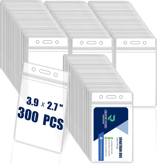 300 Pack Name ID Badge Holder,Plastic Badge Holder for Lanyard, Vertical Extra Thick 3.9" x 2.7" Waterproof Name tag Holder for School/Office/Hospital/Exhibition/Party/Badge Swipe Cards or Credit Card