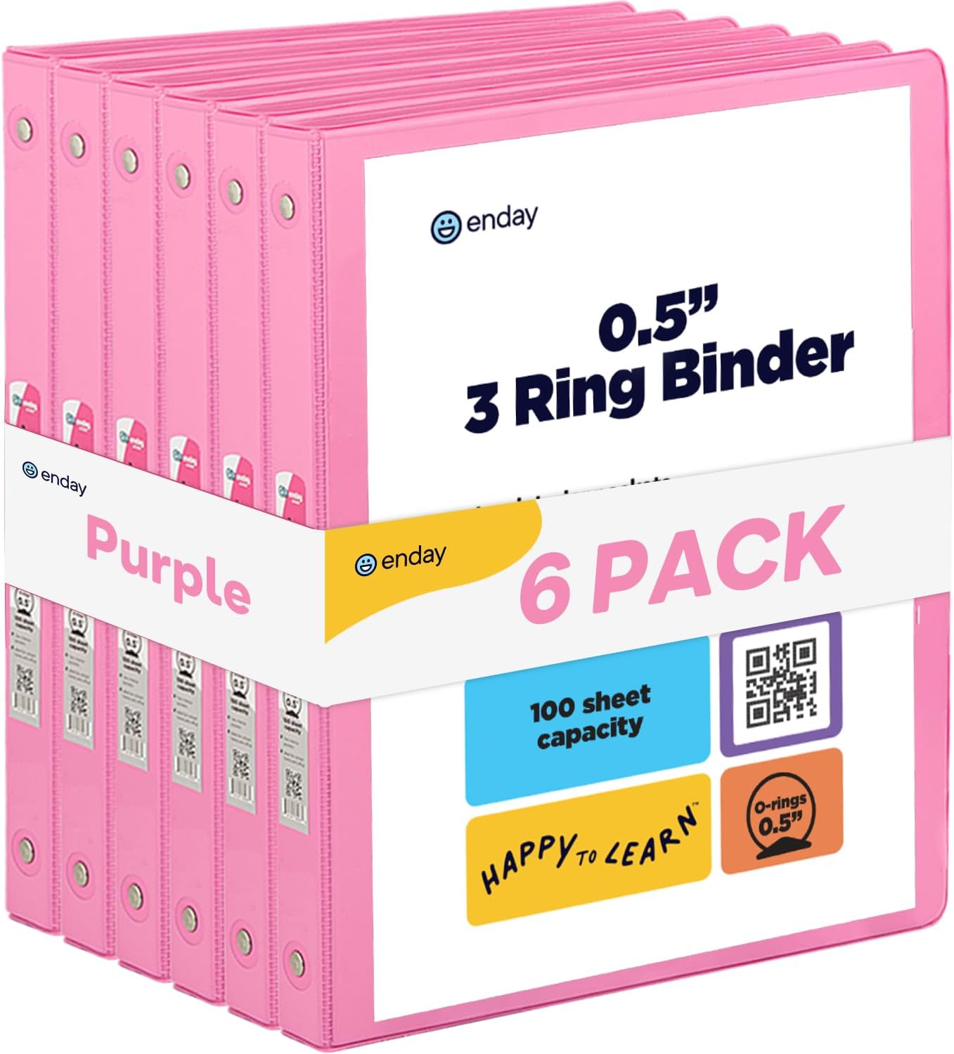 ½ Inch 3 Ring Binder Pink, .5 Inch Round Ring Clear View Cover with 2 Inside Pockets Binders, Colored School Supplies Binders, Also Available in Purple, Red, Green, Blue, and Grey (6 PC) – by Enday