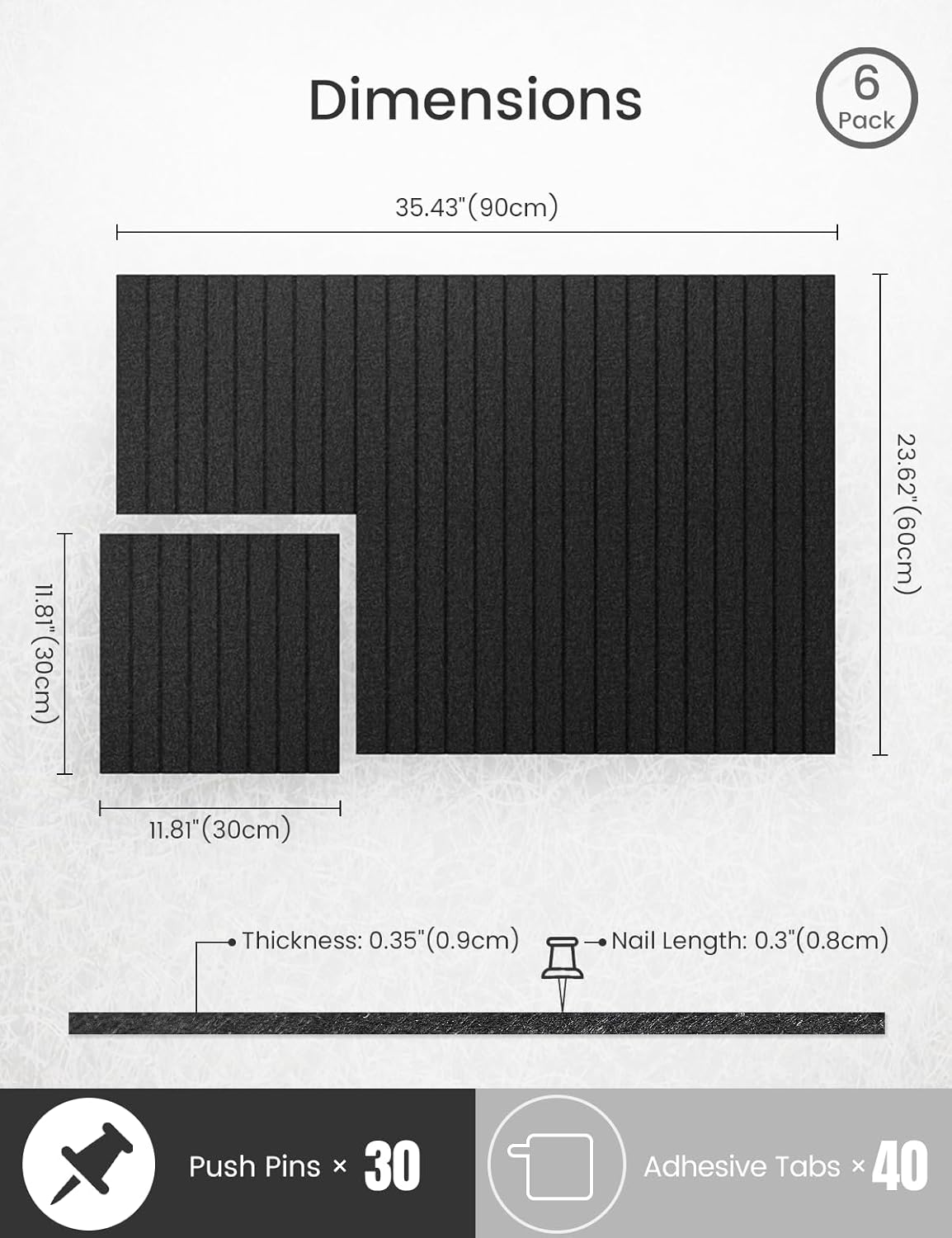 Bumusty Large Cork Board Alternative-36 x24 Felt Bulletin Board Tiles, with 30 Pushpins, 40 Adhesive Tabs, 6-Pack Slat Wall Paneling, Cork Boards for Office Push Pin Board Felt Board-Black