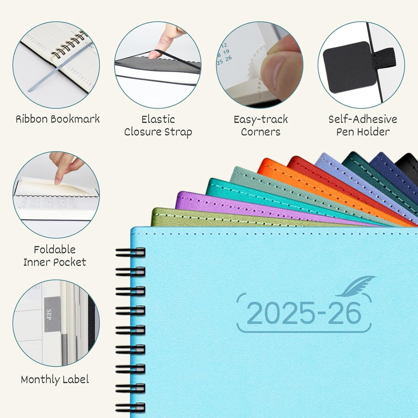 BEZEND Pocket Planner 2025-2026 Weekly and Monthly, 3.5" x 6" Academic Planner (Jul 25-Dec 26) 18-Month Mid-Year Calendar Book, Storage Pocket, Pen Holder, PU Leather Softcover, Spiral - Blueberry