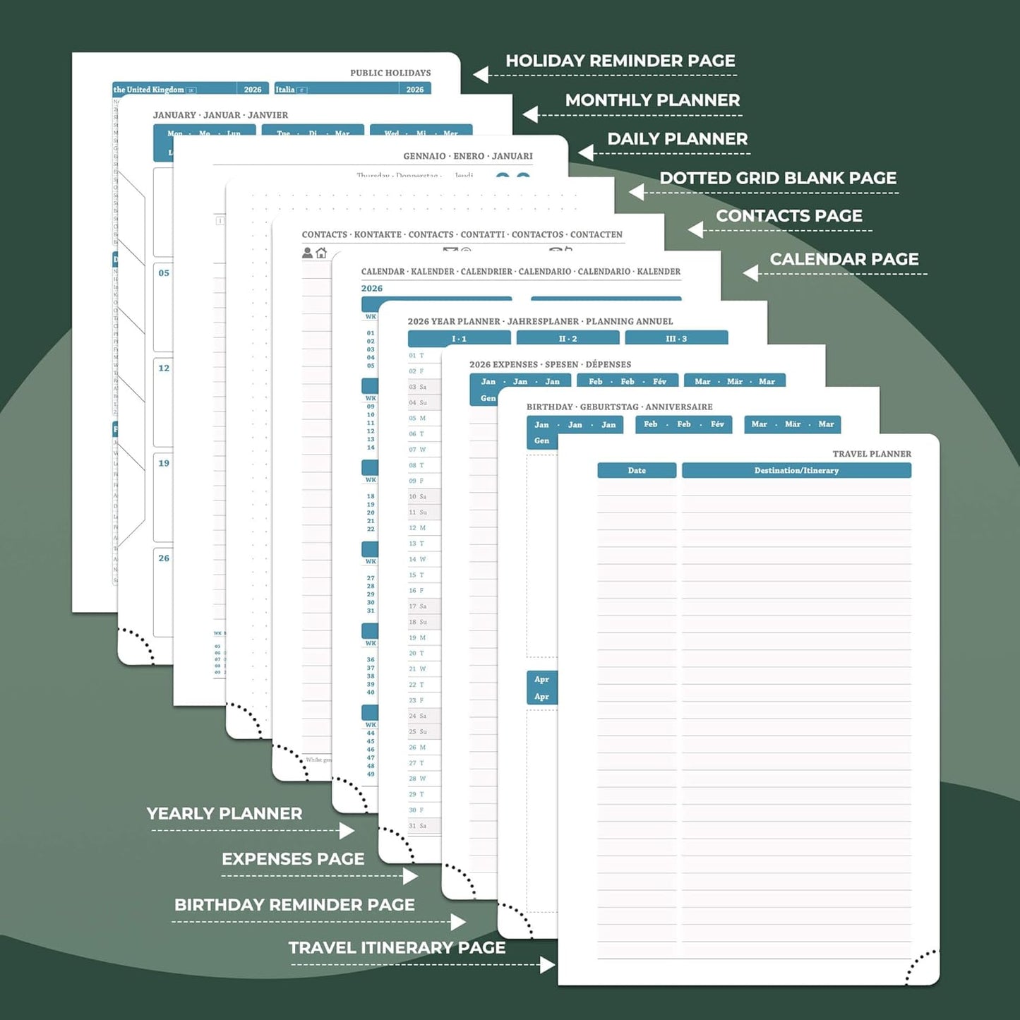 Daily Planner 2026 with One Page Per Day,(A5-8.5" x 5.9"),12 Months Calendar Hourly Appointment Book Monthly Tabs & Self-adhesive Pen Holder,Inner Pocket, Vegan Leather Hardback,Green
