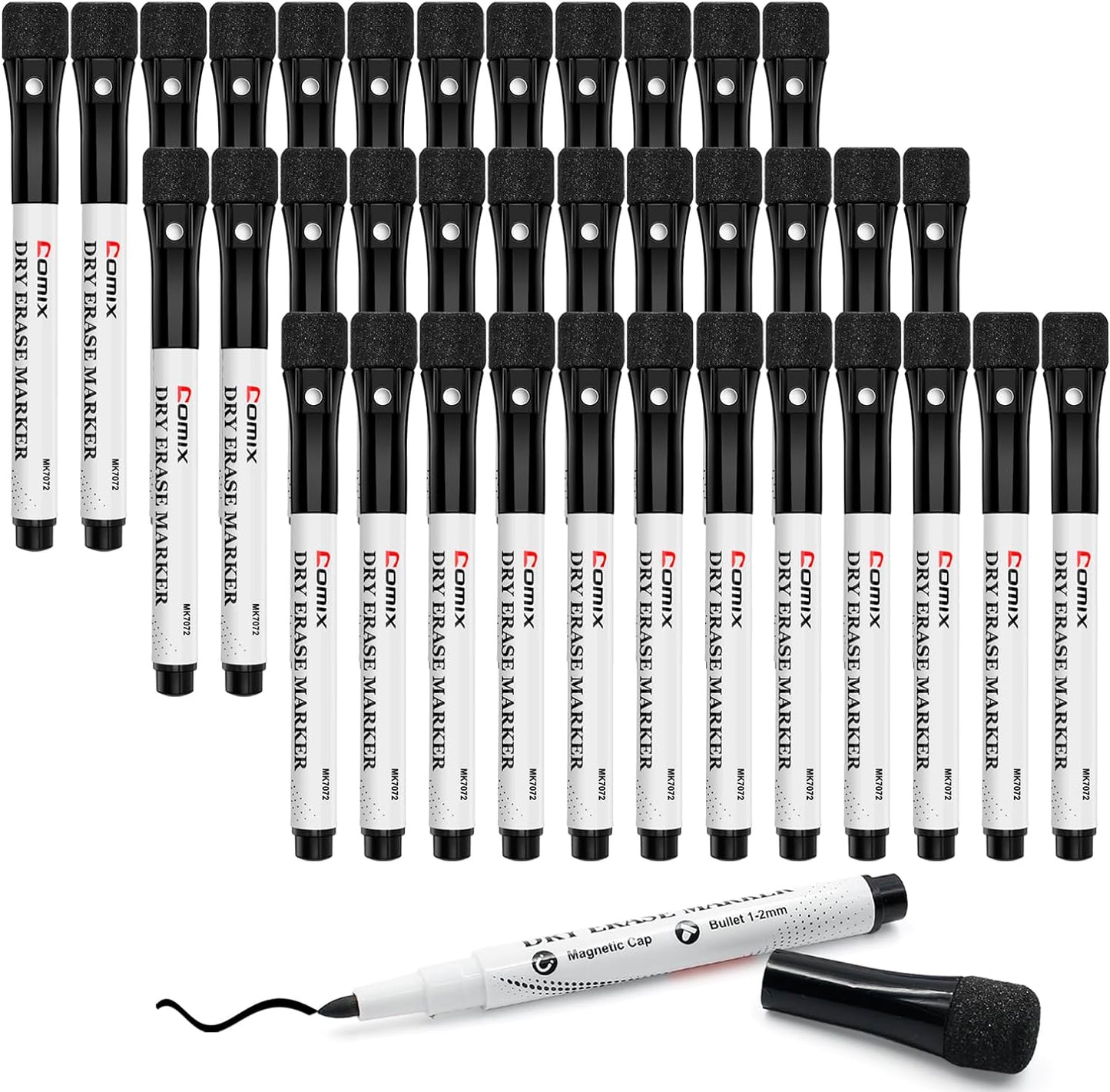 Comix Magnetic Dry Erase Markers, Fine Tip Black Whiteboard Markers with Eraser Cap, Low Odor Black Markers for Kids Teachers