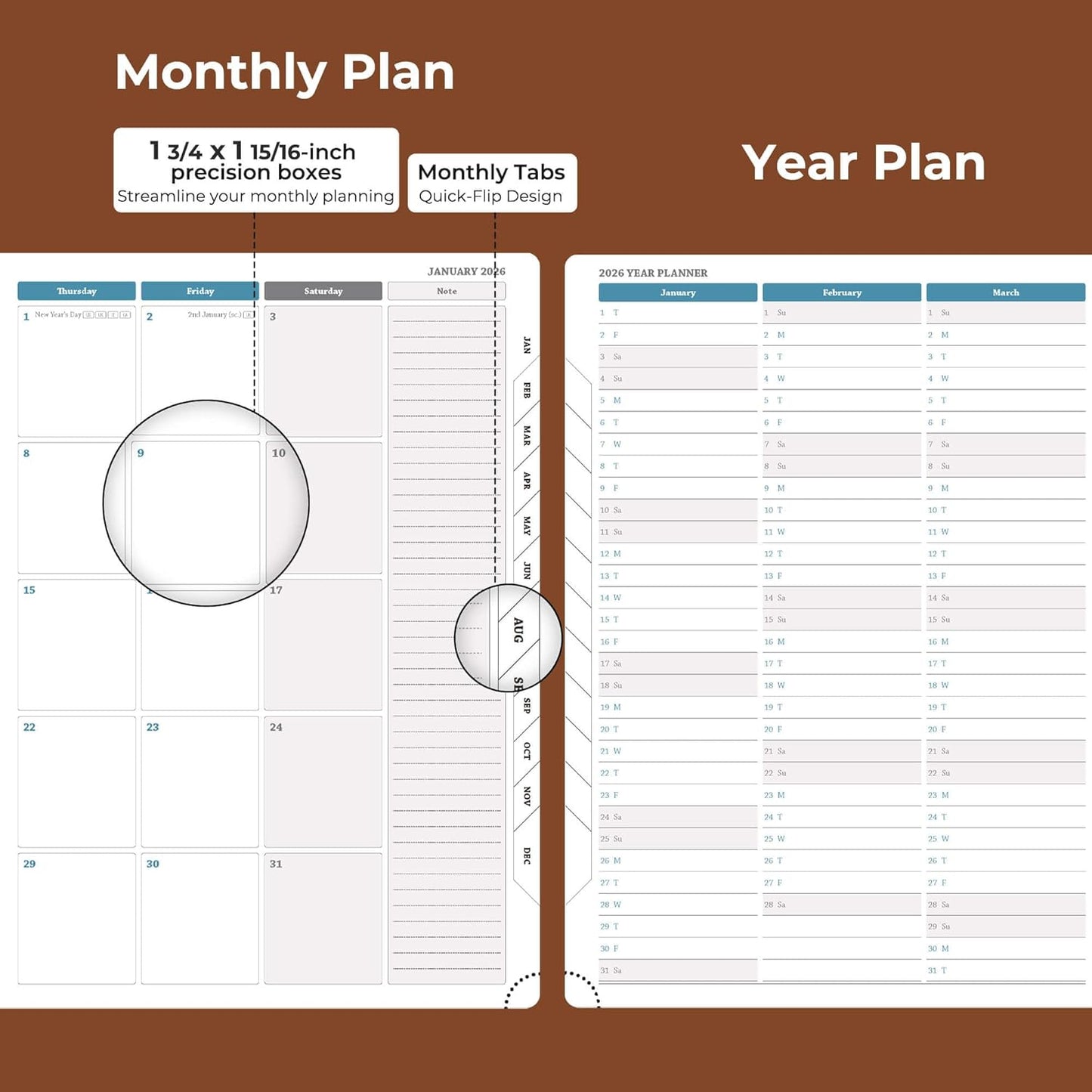 Weekly Monthly 2026 Planner (Jan.26-Dec.26),11.5"x8.5",12 Months Agenda Plan with Month Tabs & Pocket,Expenses/Note Pages, Appointment Book Calendar with Hardcover Vegan Leather Cover,Brown