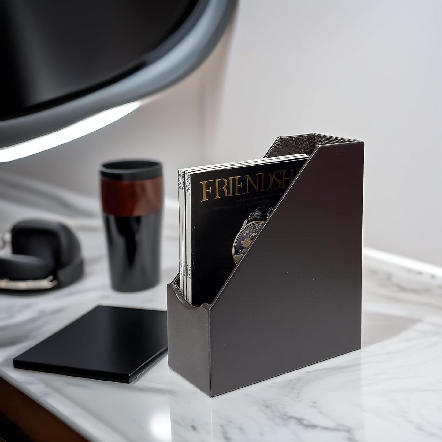 UnionBasic Magazine File Holder - Office Leatherette Desktop Document File Folder Journals Organizer Racks, Coffee, Set of 4