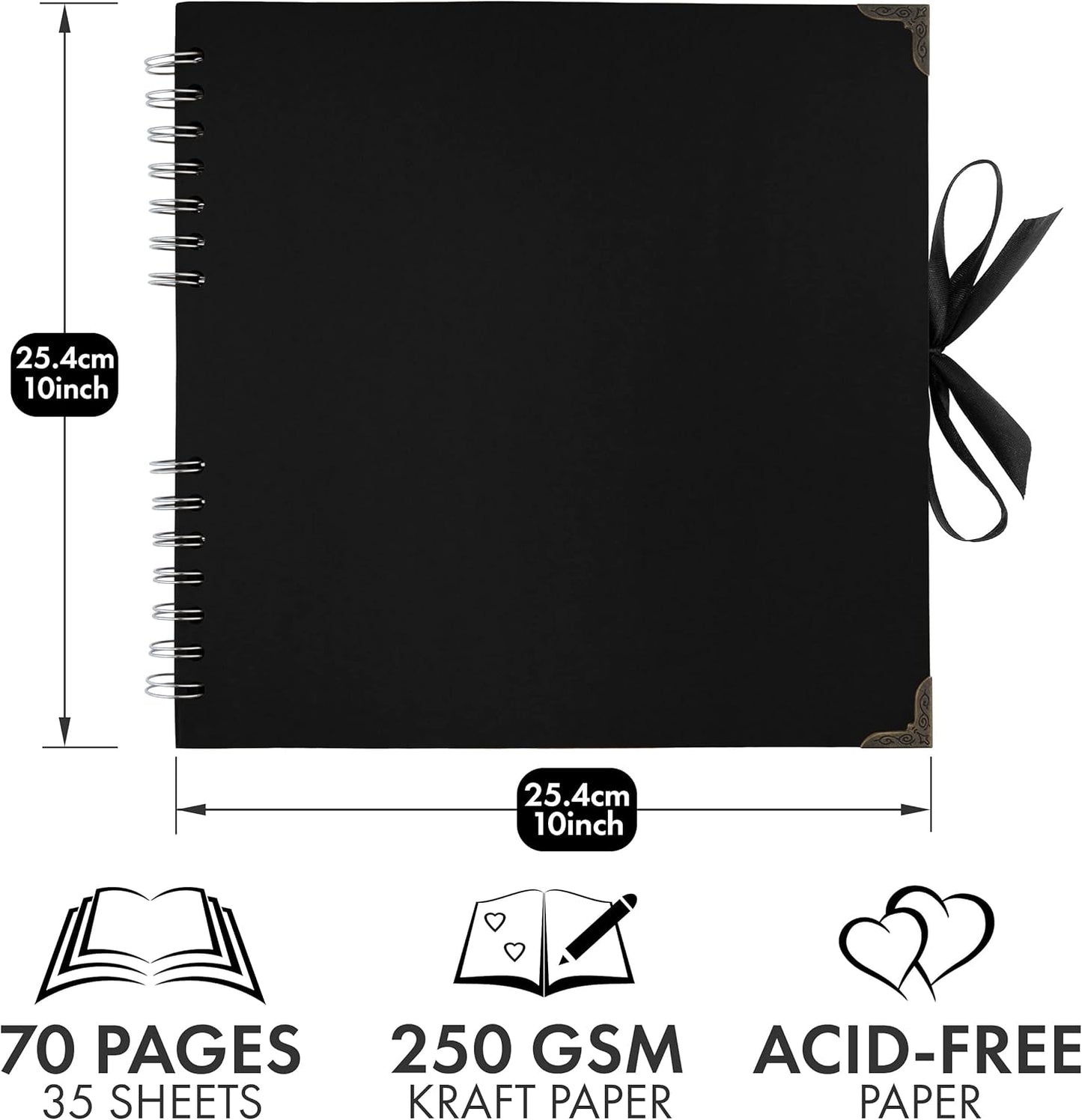 Bstorify 10 x 10 Inches Scrapbook Album 70 Pages Black Thick Kraft Paper Corner Protectors, Ribbon Closure - Ideal for Your Scrapbooking, Art & Craft Projects (Black, 10 x 10 Inch)