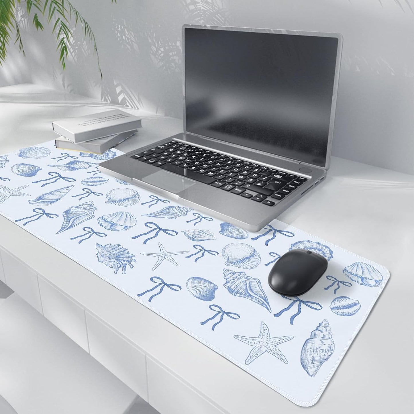 Blue and White Seashell Bow Mouse Pad,Coastal Beach Mouse Pad,XL Large Ocean Beach Seashell Desk Mat,Girly Vintage Summer Beachy Gaming Pads,Girly Summer Desktop Decor Art,31.5x11.8In