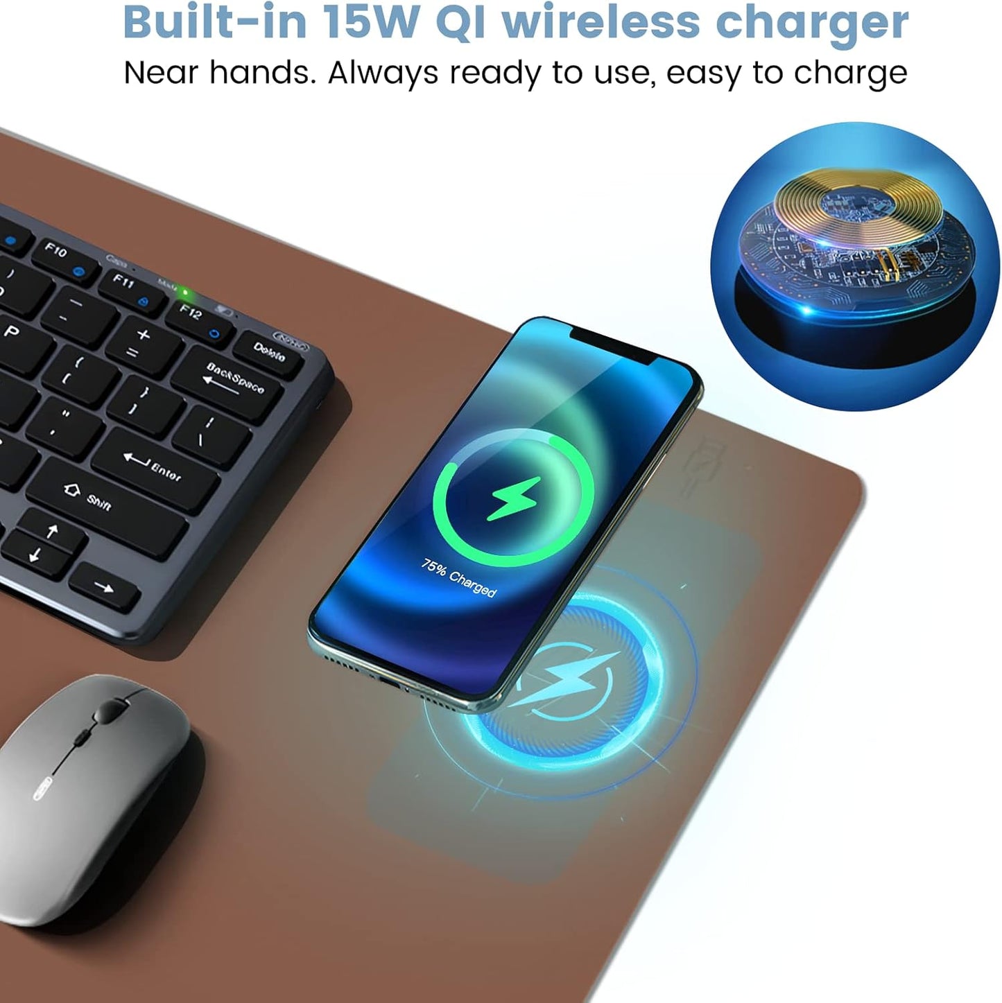 Desk Mat Wireless Charging Mouse Pad Large 32x16 Journey Desk Pad Mat with Wireless Charger Waterproof Leather Computer Mat with Phone Charger Mousepad Non-Slip for Keyboard and Mouse