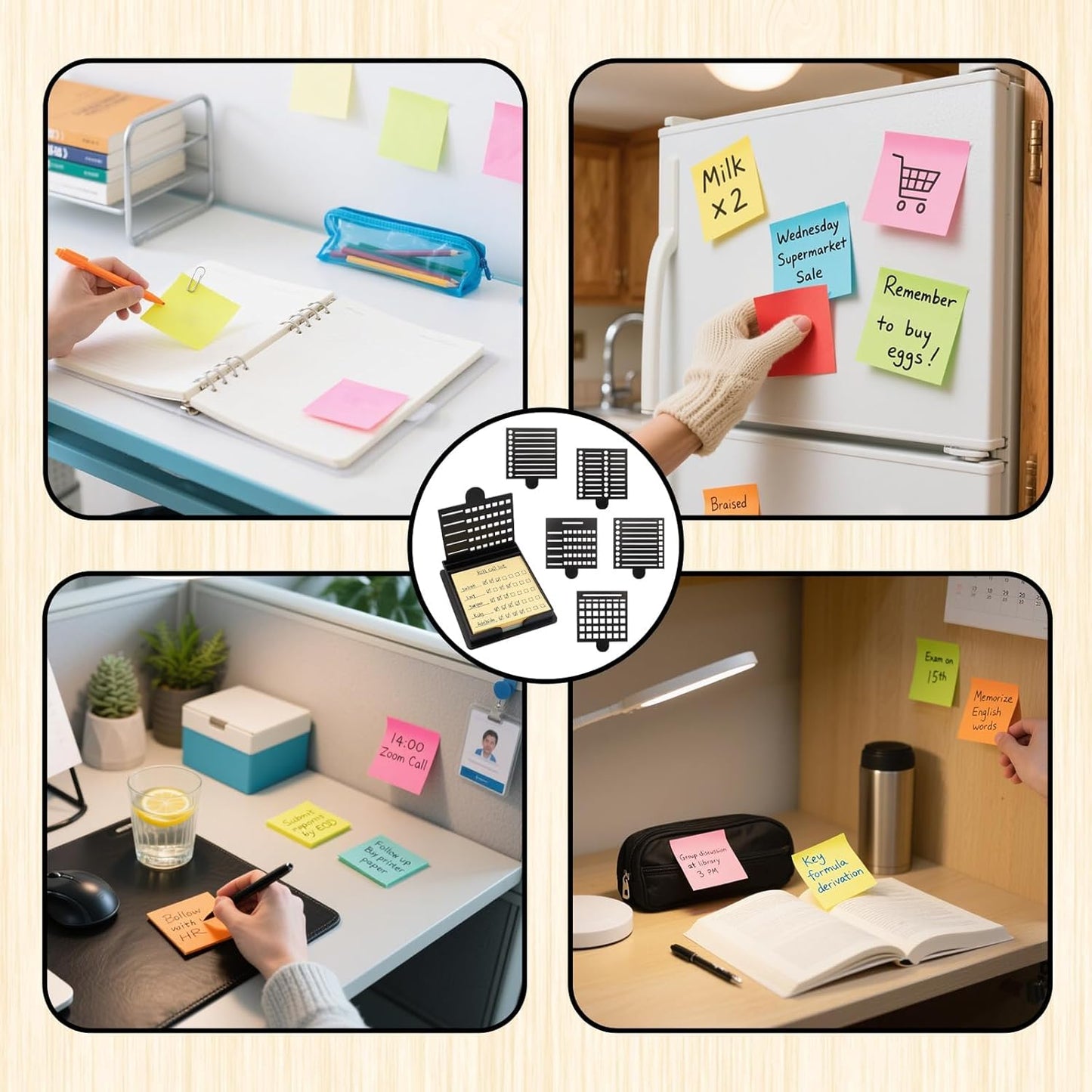 1PCS Sticky Note Holder with 5 Style Template & 1 Sticky Notes, 3.54X3.94 Sticky Note Stencil Dispenser for Post Note, Memo Pad Organizer with Five Line Box for Office and Home (Black)