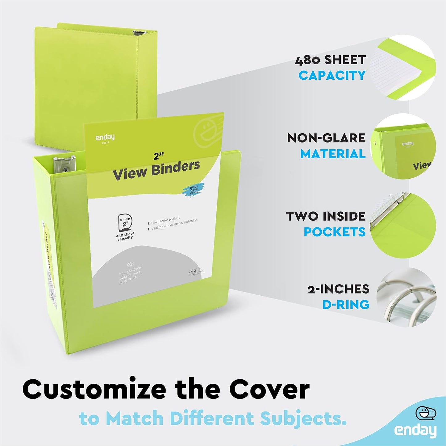 3 Slant D-Ring Binder 2 Inch Binder Green, 2 in Clear View Cover w/ 2 Inside Pockets, Heavy Duty Colored School Supplies Binders Also Available in Blue, Pink, Red, Grey, Purple (6 PC)–by Enday