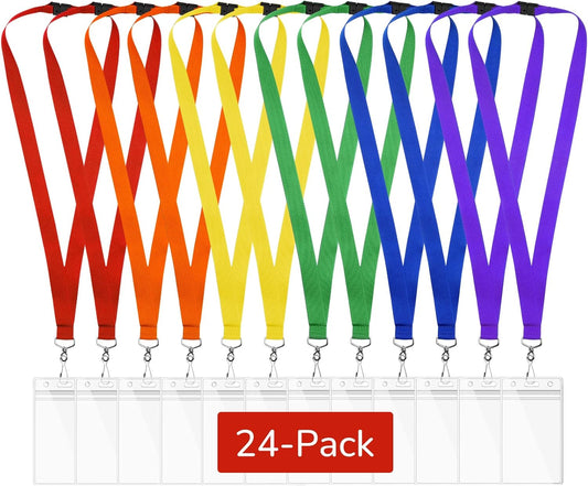24-Pack Rainbow Breakaway Lanyards with Waterproof Badge Holders, Metal Hook, Polyester Neck Straps for ID Cards, Events, Office, and Schools