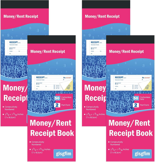 gisgfim 4 Pads Receipt Book with Carbon Copies Money and Rent Receipt Book 2 Part Carbonless Bound Wraparound Cover Petty Cash Business Invoice Book for Small Business 2-3/4 x 7-3/16Inch 50 Set/Book