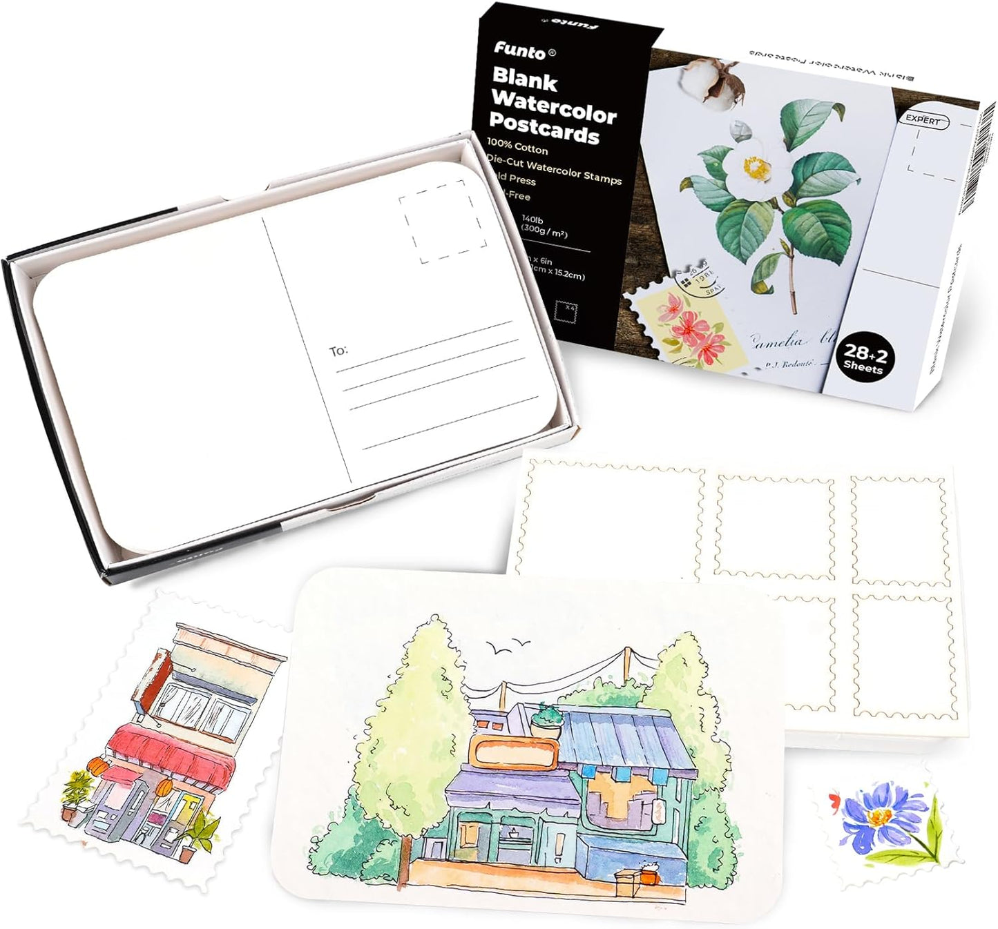 Funto Blank Watercolor Paper Postcards, 100% Cotton, 28 Cards+2 Watercolor Stamps, 4x6, 140lb/300gsm, Acid-Free Heavyweight for Thanks