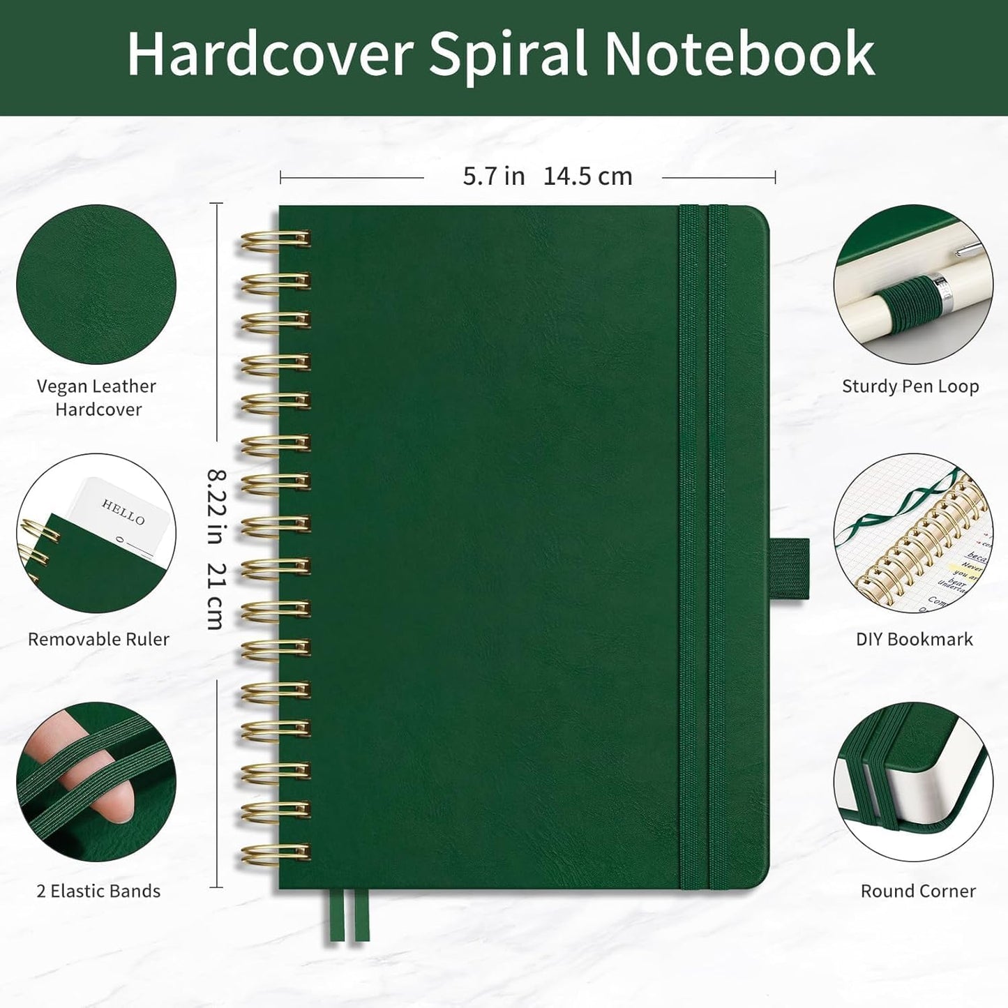 EMSHOI Spiral Graph Paper Notebook - 300 Pages, 100 GSM Thick Grid Notebook, A5 Small Hardcover Leather Journal for Women Men Writing Engineering Graphing, 5.7" x 8.22", Dark Green