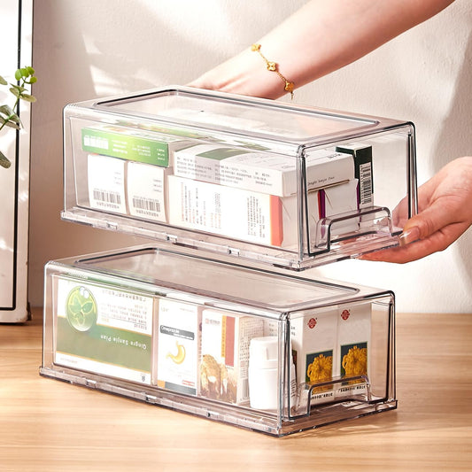 clear Drawer-Type Plastic Storage Box Bins Organizer，Family First Aid Kits Medicine cabinet Box Organizer,Closet ，Shelf，Ointments, Adhesive Bandages，Cosmetics,Office Items (clear, 2M)