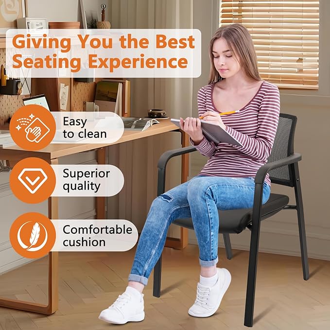 CLATINA Stackable Office Chair, Mesh Back Guest Chairs with Comfortable Leather Seat Arms Stacking Ergonomic Desk Chair No Wheels for Conference Waiting Reception School Stationary, Black, Set of 2