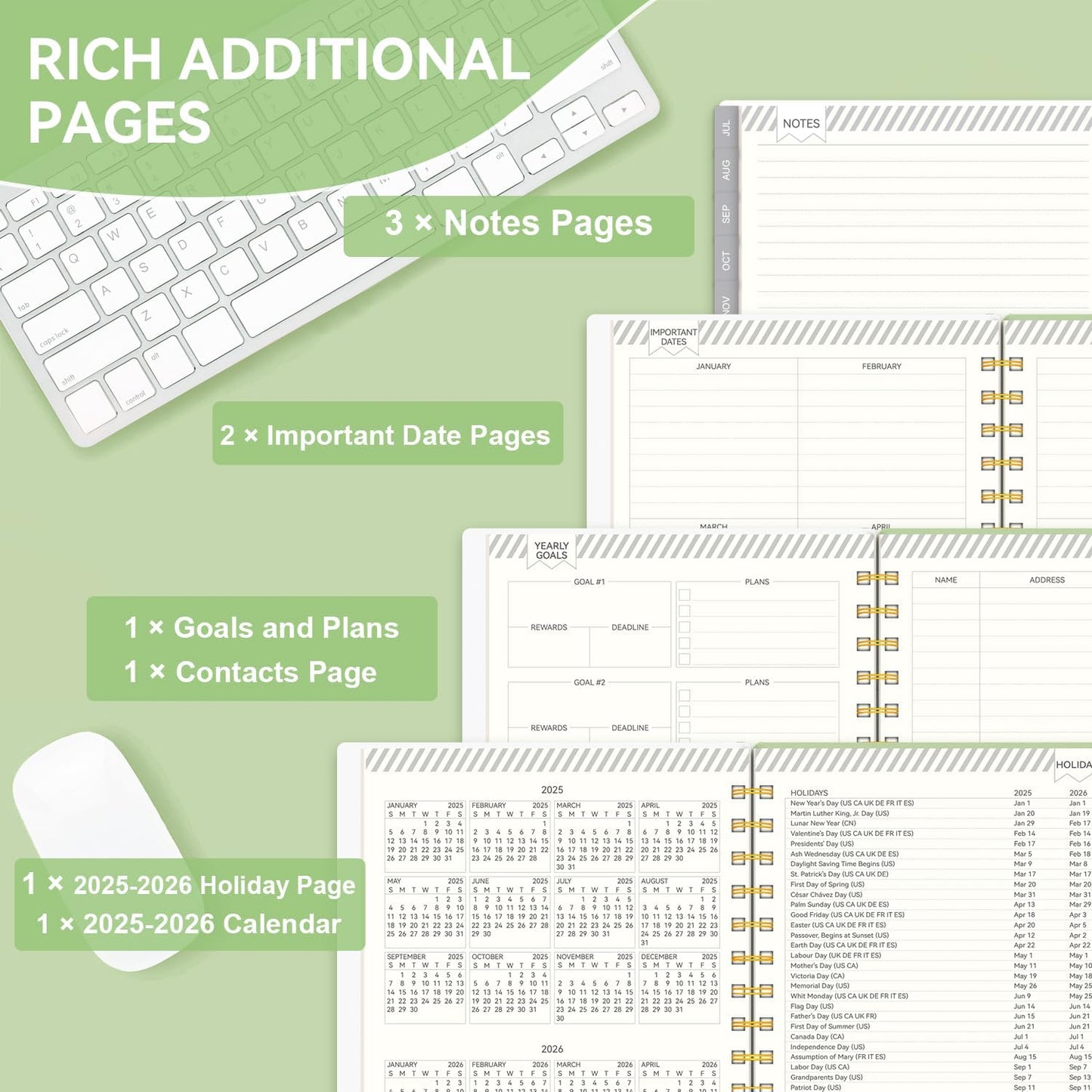 2025-2026 Planner, Weekly and Monthly Planners for Women, AIMPEAK Academic Calendar Planners for Teacher&Student, Jul.2025 - Jun.2026, Monthly Tabs, Spiral Binding, Green, 5.5"x8.5"