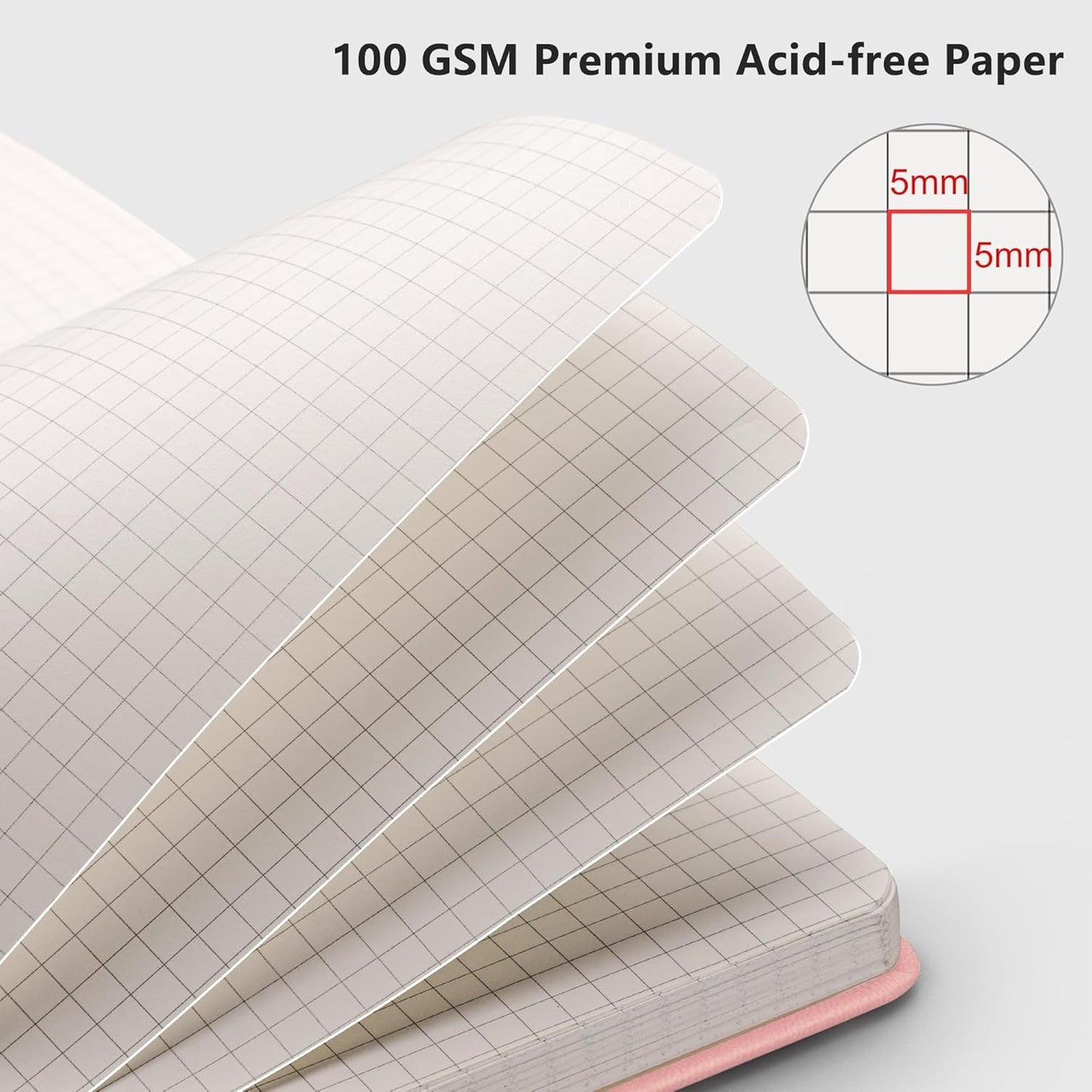 RETTACY Graph Grid Paper Notebook, 192 Pages, A5 Medium Size (5.7'' x 8.3''), 5 Squares per Inch, Leather Hardcover, 100 GSM Thick Paper, for School, Students, Math, Engineering (Pink)