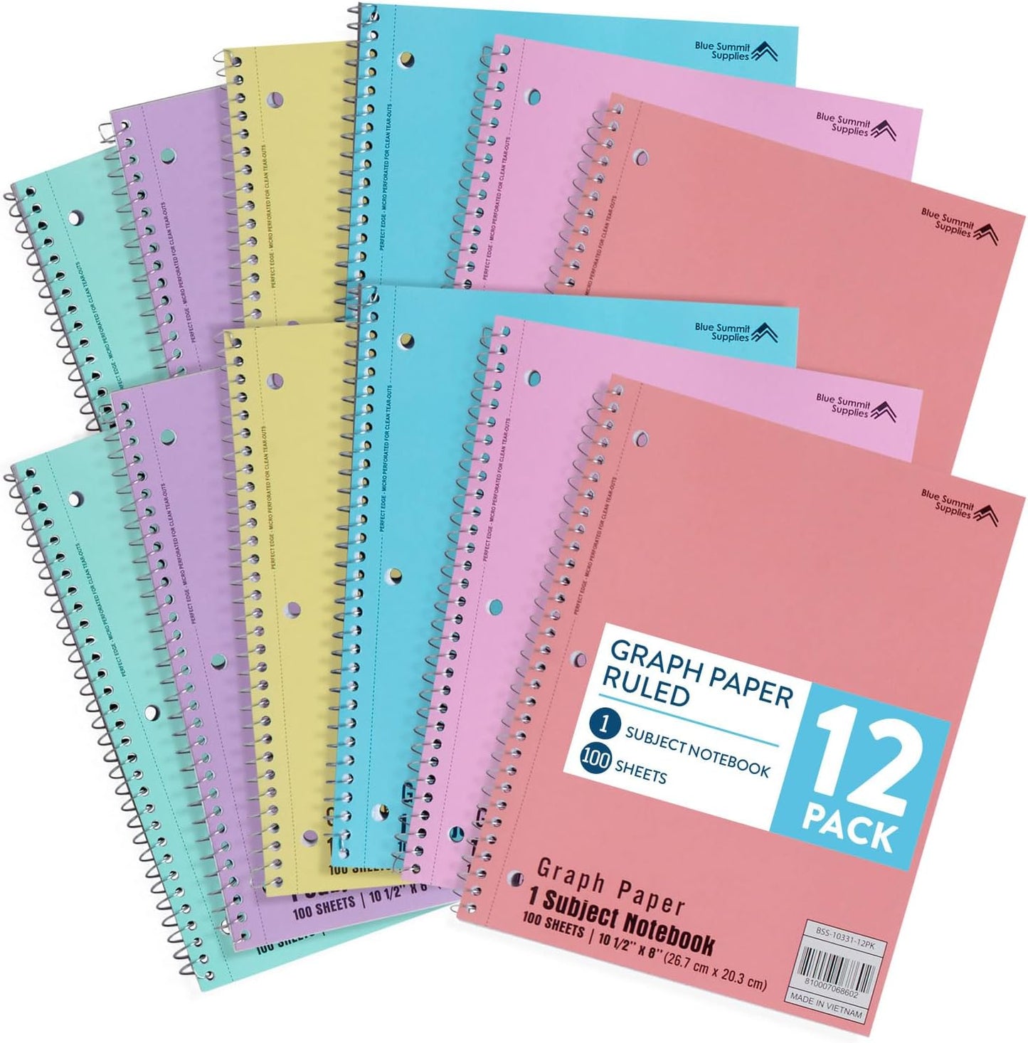 Blue Summit Pastel Graph Paper Spiral Notebook, Cute Spiral Graph 8x10.5, Square Grid Notebook for Math, College, Work, School, and Lab, Graphing Paper, 70 sheets, 12 Pack