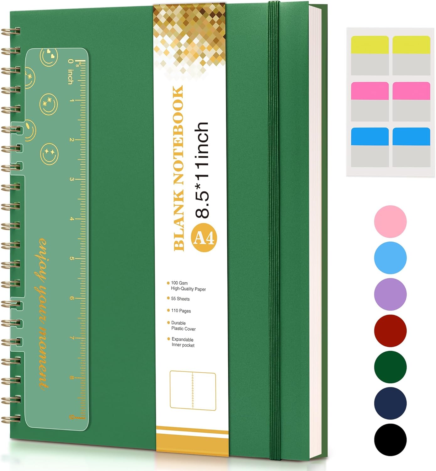 Blank Spiral Notebook Journal 8.5” x 11”, A4 Large Sketch Book for Women Men, 100 GSM Blank Paper Drawing Notebook, Plastic Hardcover Spiral Bound Sketchbook for Sketching Work School Writing, Green