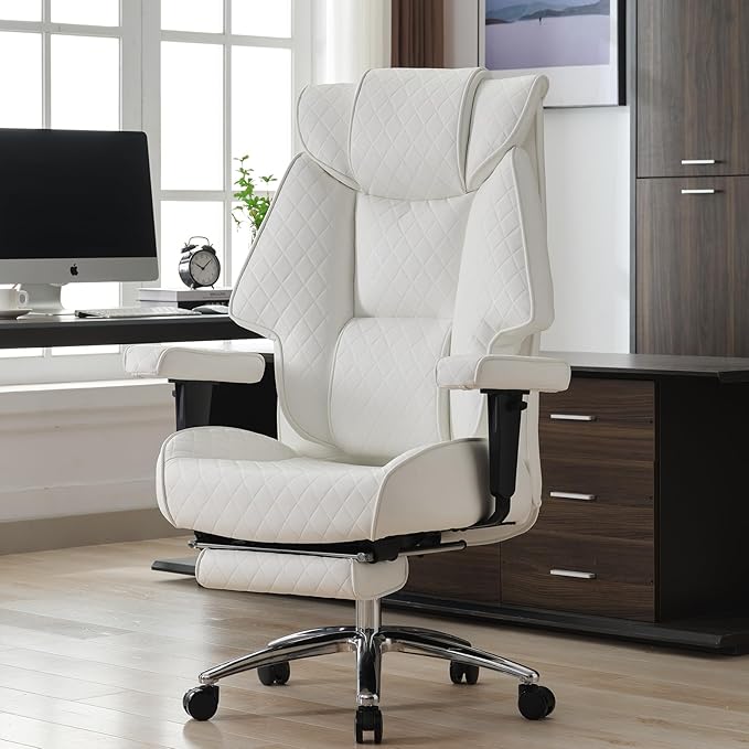 Big and Tall Office Chair with Footrest, PU Leather High Back Executive Office Chair 400lbs, Ergonomic Computer Chairs Lumbar Support for Heavy People (White)