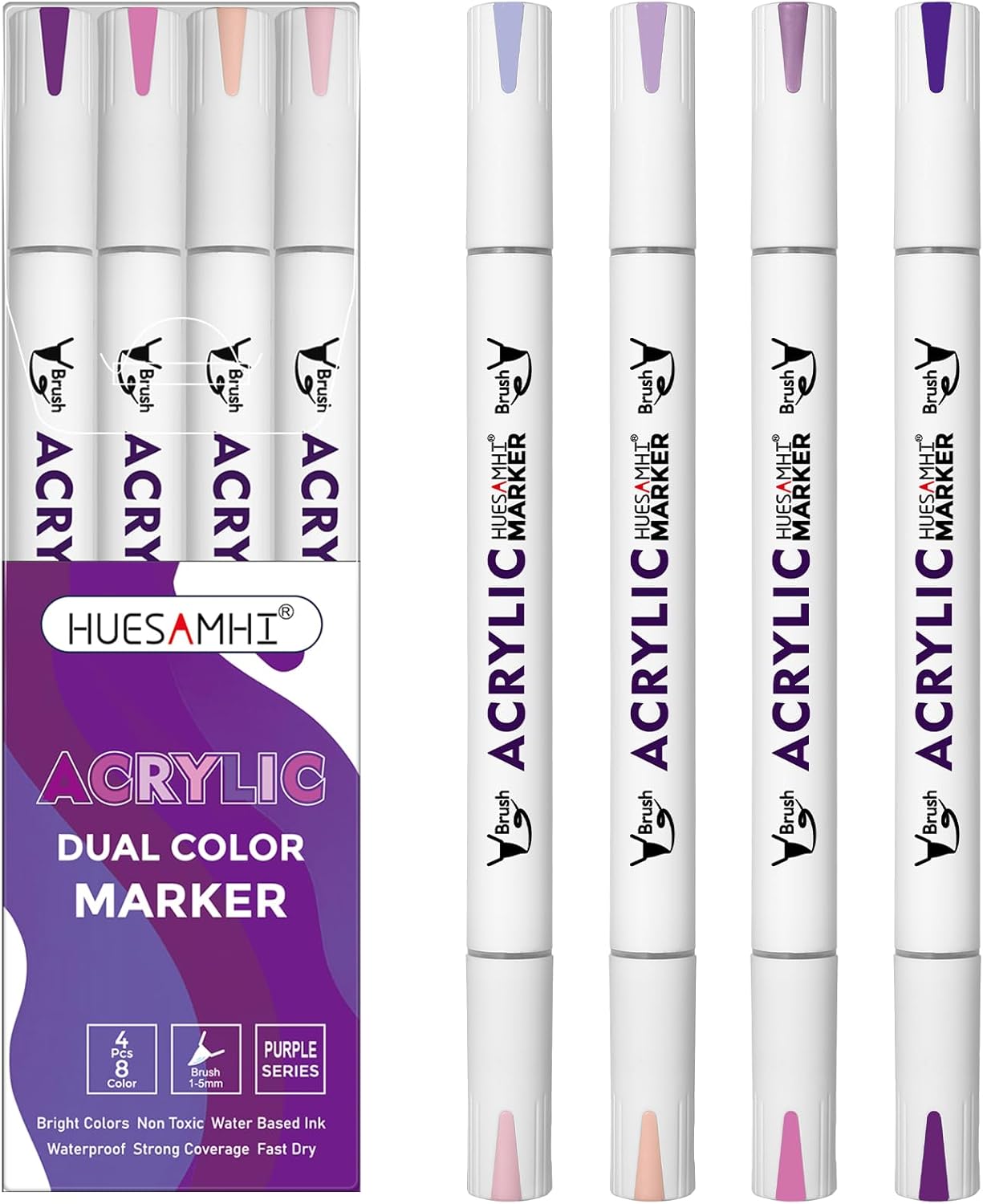 Dual Tip Brush Markers, 4 Pack Double Ended Acrylic Paint Pens - Permanent Water-Based for Rock Painting, Wood, Metal, Ceramic, Glass, Crafts & Kids Art Assorted Colors