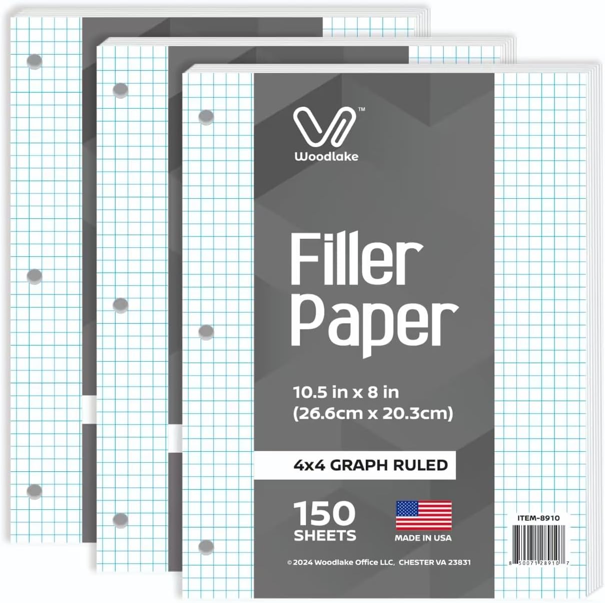 Woodlake Loose Leaf Graph Paper, 4x4 Quad Ruled Notebook Paper, 8 x 10.5” Graphing Paper, 150 Sheets per Pack, 3 Pack Filler Paper, 3 Hole Punched, Made in USA