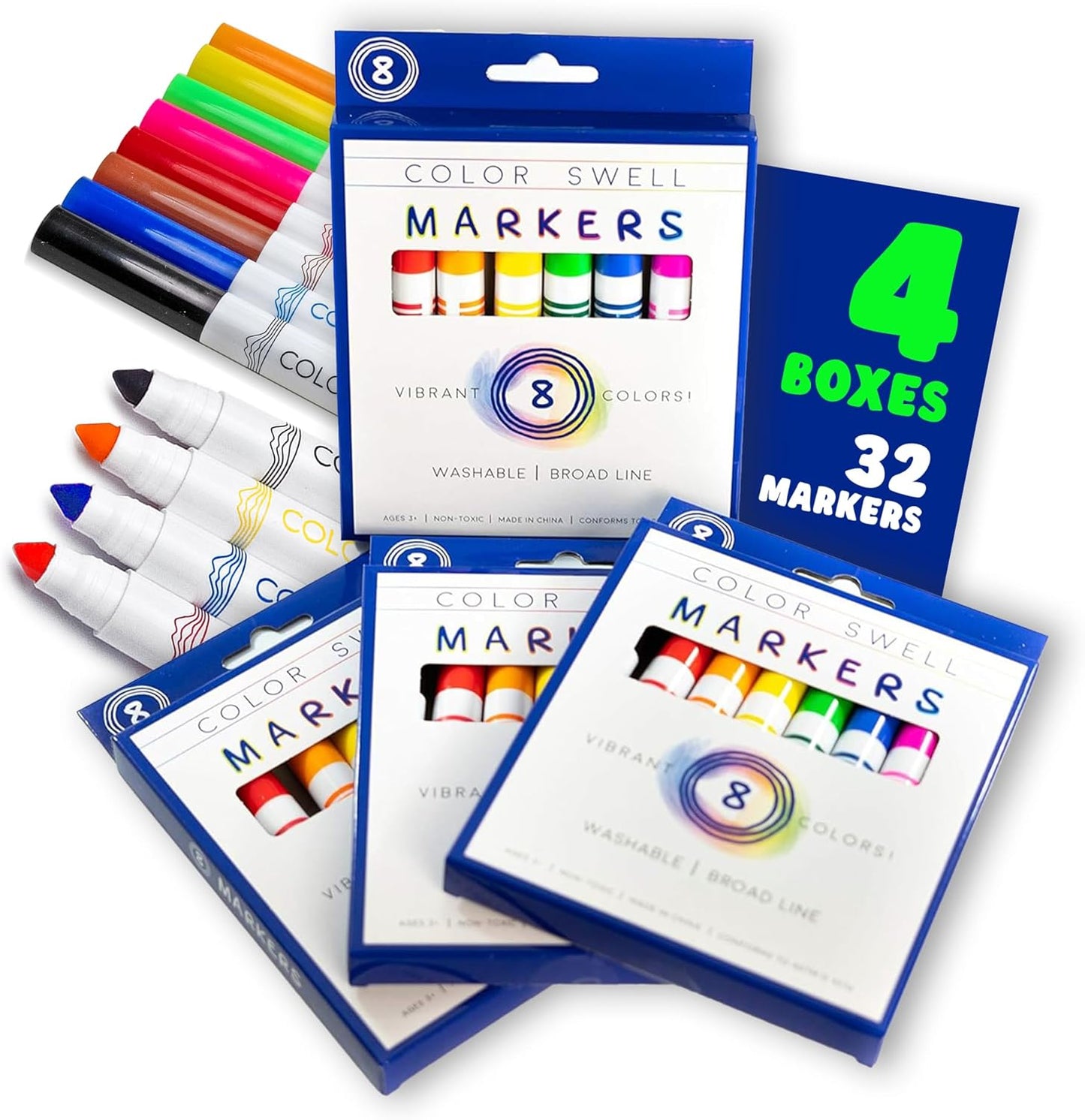 Color Swell Washable Markers Bulk 4 Pack of 8 Vibrant Colors Each for Kids, Adults, Teachers, Parties, and Families