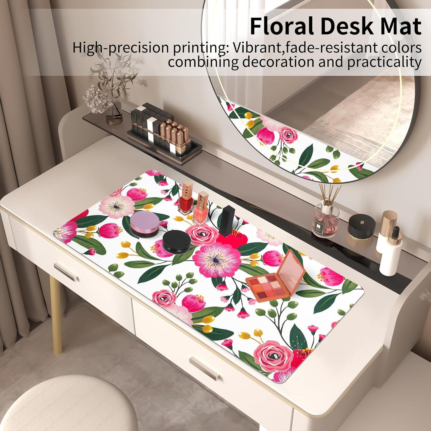 Bloss Pink Floral Desks Mat,31.5x15.7In Large Mouse Pad Cute,Anti-Slip Leather Computer Desk Pad for Keyboard and Mouse,Pink Computer Keyboard Pad Mat,Laptop Desks Protector Mat for Office/Home/Women