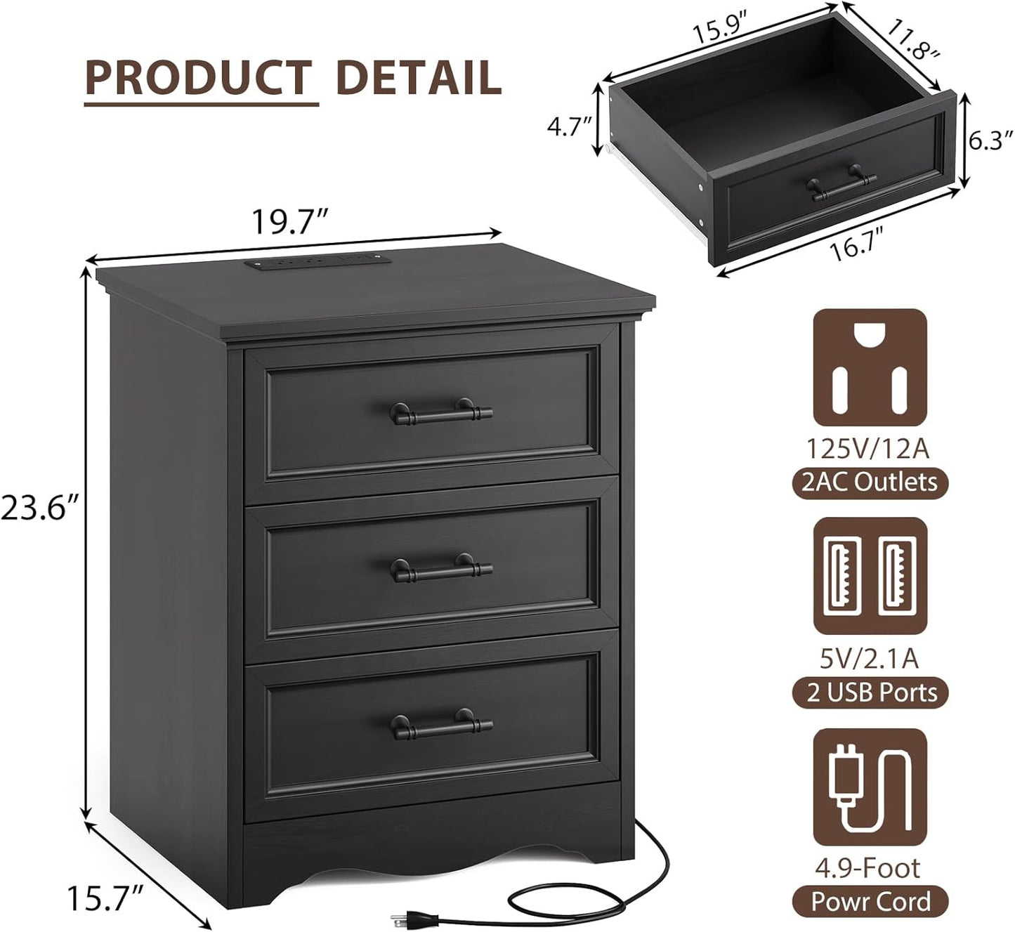 Black Nightstand with Charging Station, 19.7" Farmhouse End Table with 3 Drawers Storage, Bedside Table with Brushed Metal Handles, Unique Base Design, 3 Drawer Dresser for Bedroom, Living Room