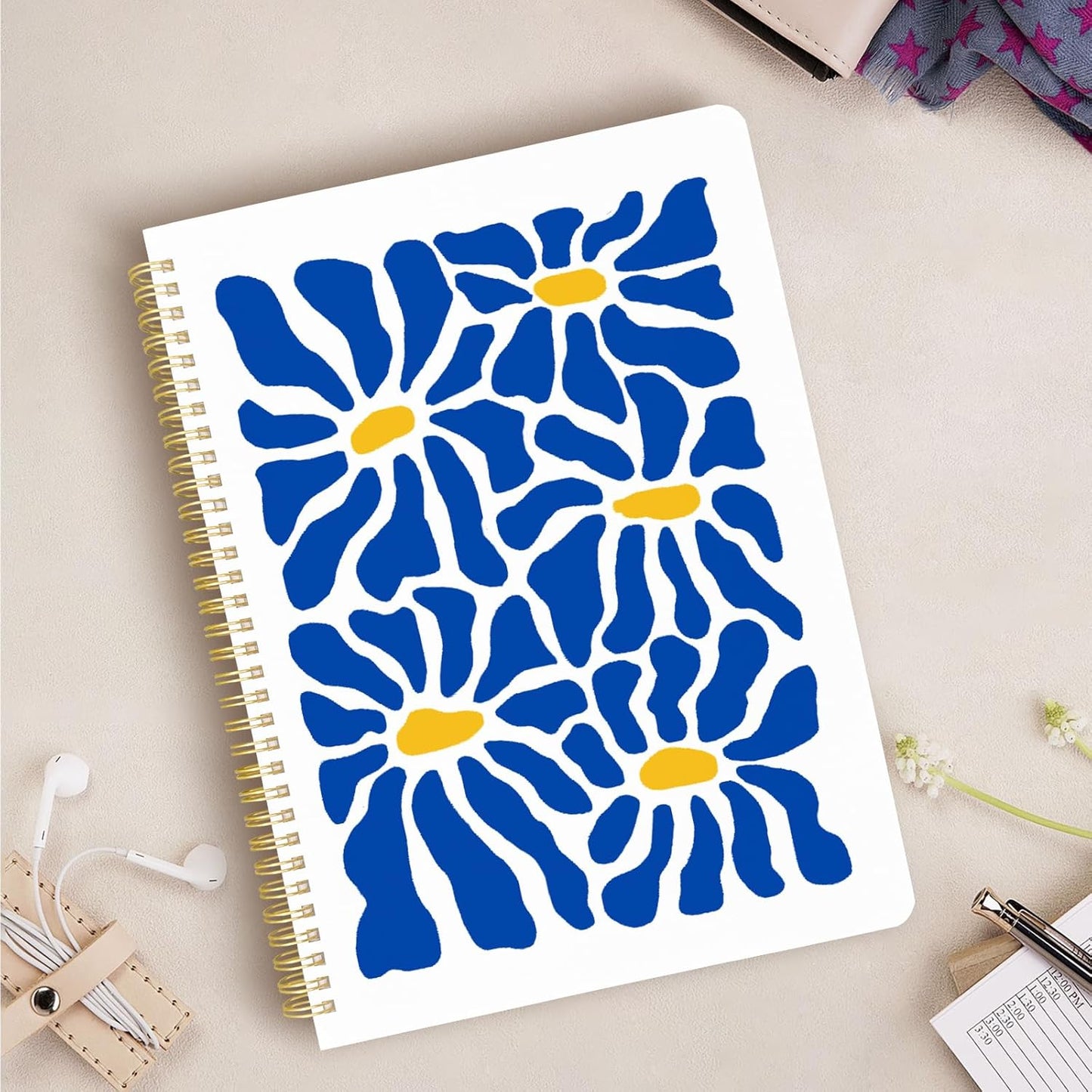 Cute Spiral Notebook journal A4 Aesthetic Pretty Design for Women Girls Kawaii with Pocket, 8.5 x 11 inch, Graph, Blue Flower