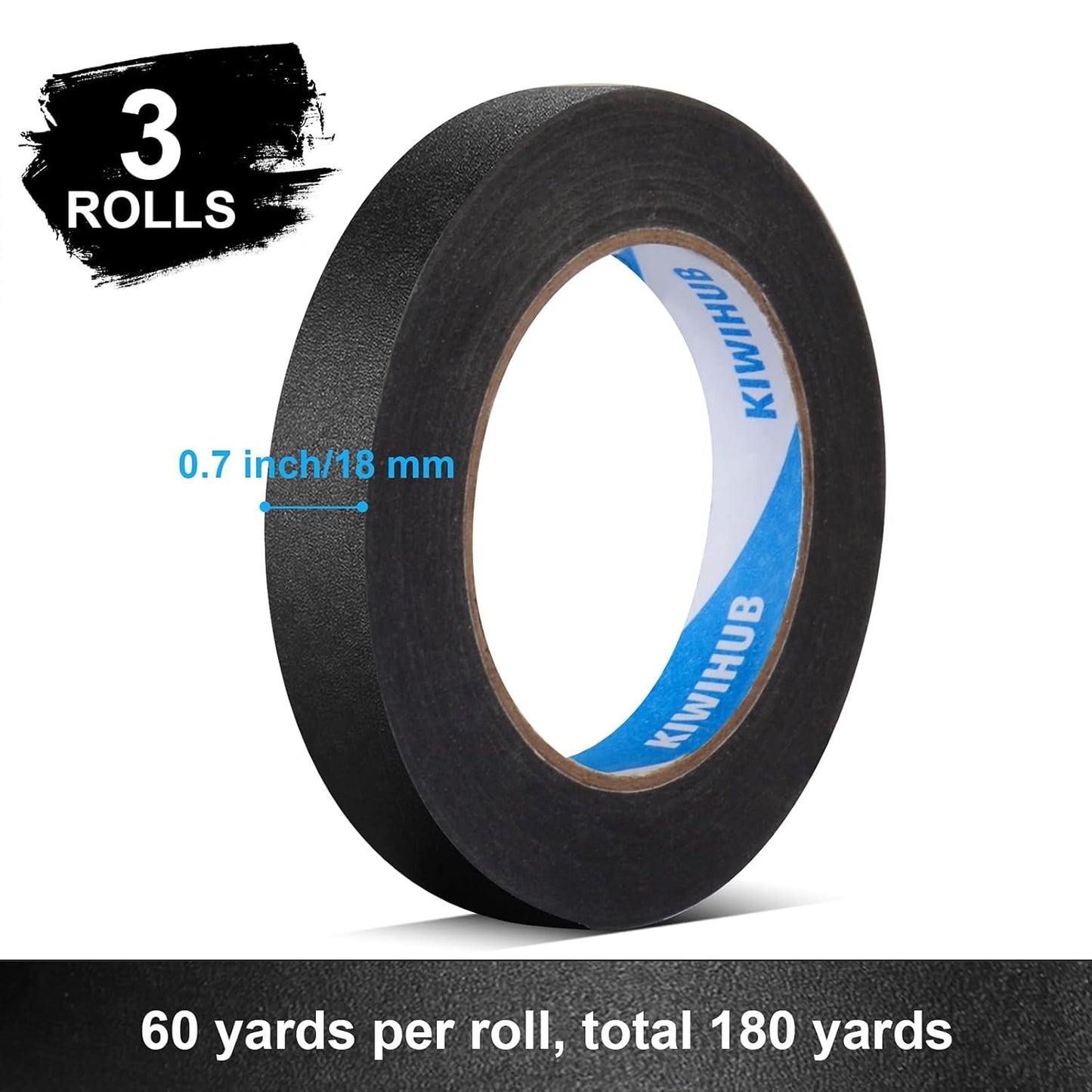 Black Painters Tape,0.7inch x 60 Yds x 3 Rolls (180 Yards Total) - Medium Adhesive Masking Tape for Painting,Labeling,DIY Crafting,Decoration and School Projects