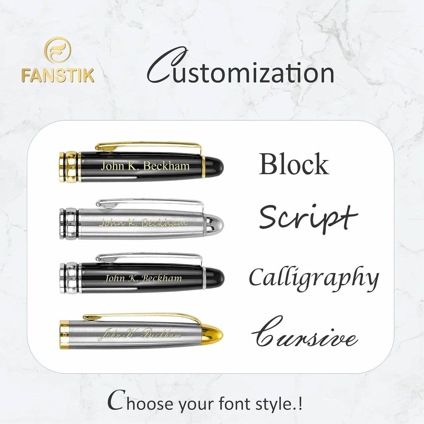 Customized Fountain pen with name (MADE IN USA), stainless steel, black and Silver, luxury engraved pen personalized for men and for women. (Fountain Black-Silver)