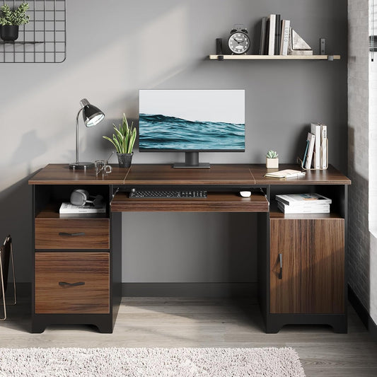 Bestier 59” Executive Desk with 2 Drawers, Computer Desk with Storage Cabinet, Industrial Wood Desk with File Drawer, Keyboard Tray & 2 Pedestals for Home Office & Studio, Cherry
