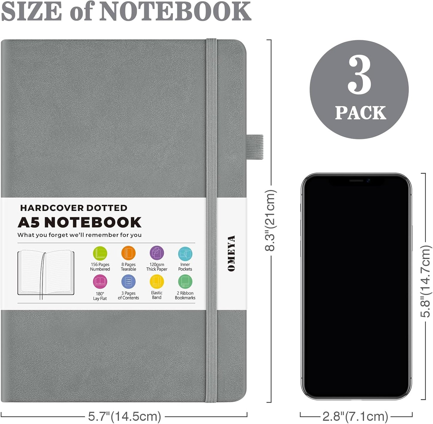 Bullet Dotted Journal Notebook 3 Pack, A5 Dotted Journal with 120gsm Paper, Leather Dotted Notebook, Hardcover Dot Grid Notebook Each with 156 Nmubered Pages, Dot Journal for Women, Men 5.75" × 8.38"