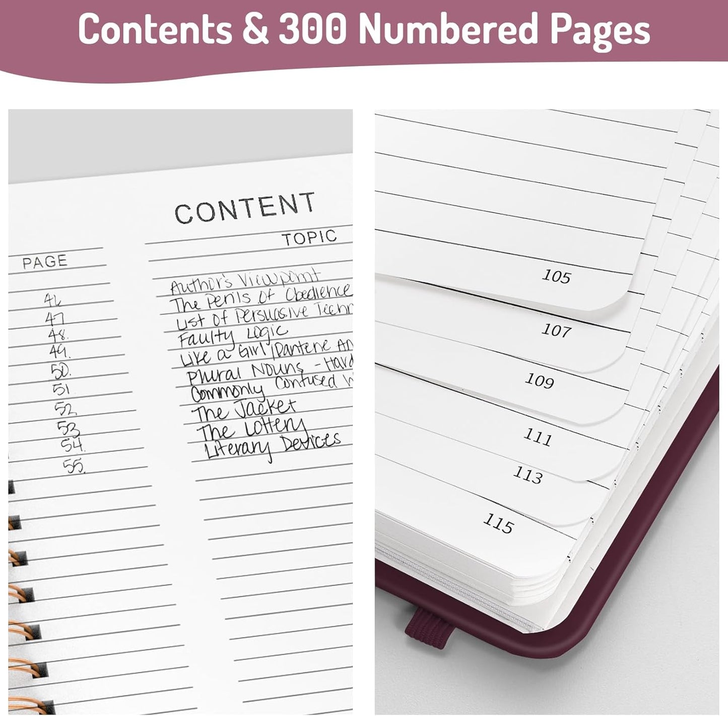Forvencer A4 Lined Spiral Journal Notebook with 300 Numbered Pages, 11" X 8.5" Thick Journals for Writing with 100GSM Paper, Hardcover Notebooks with Contents for Work, School, Burgundy